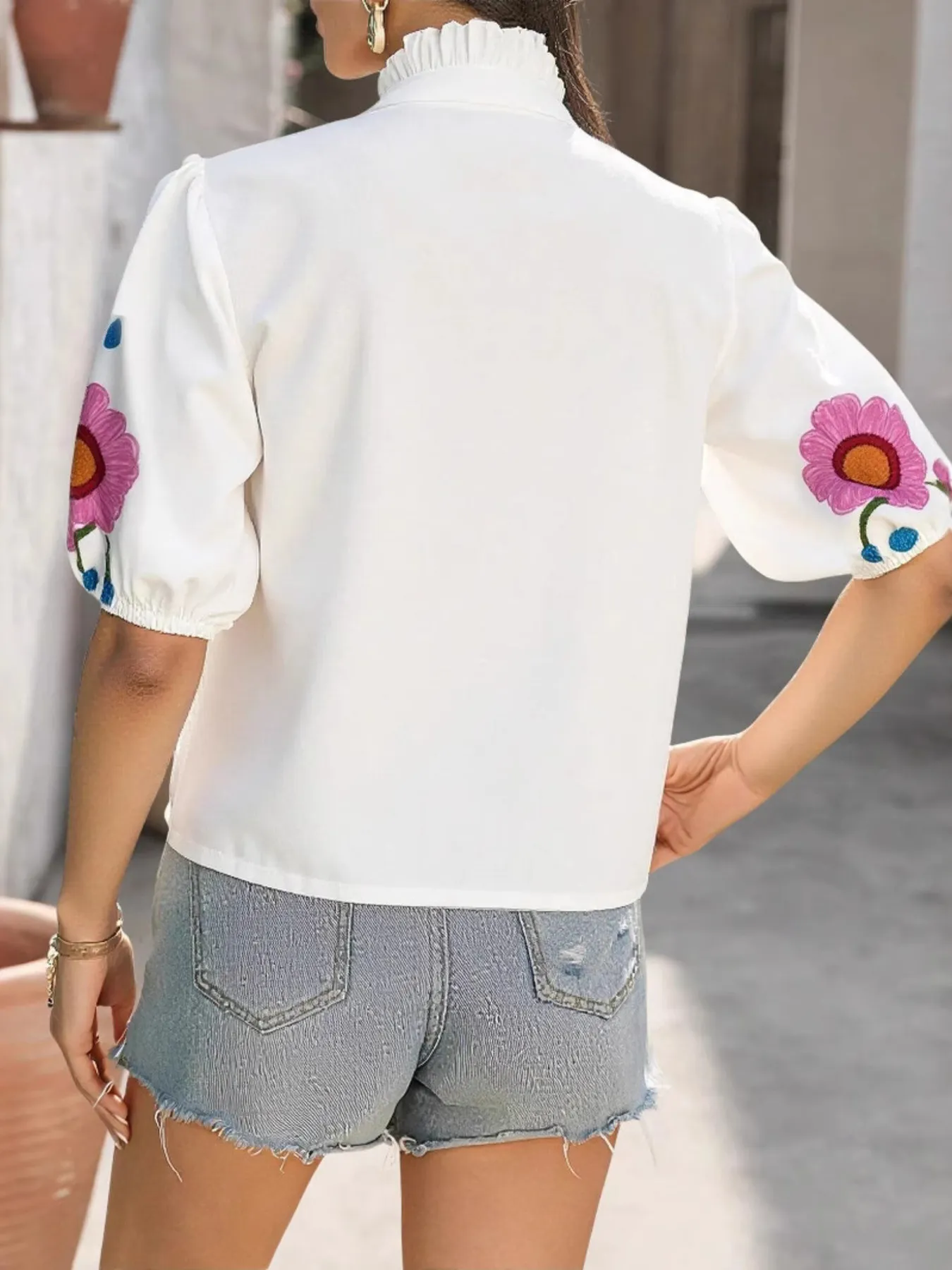 Floral Print Notched Puff Sleeve Blouse - Image 20