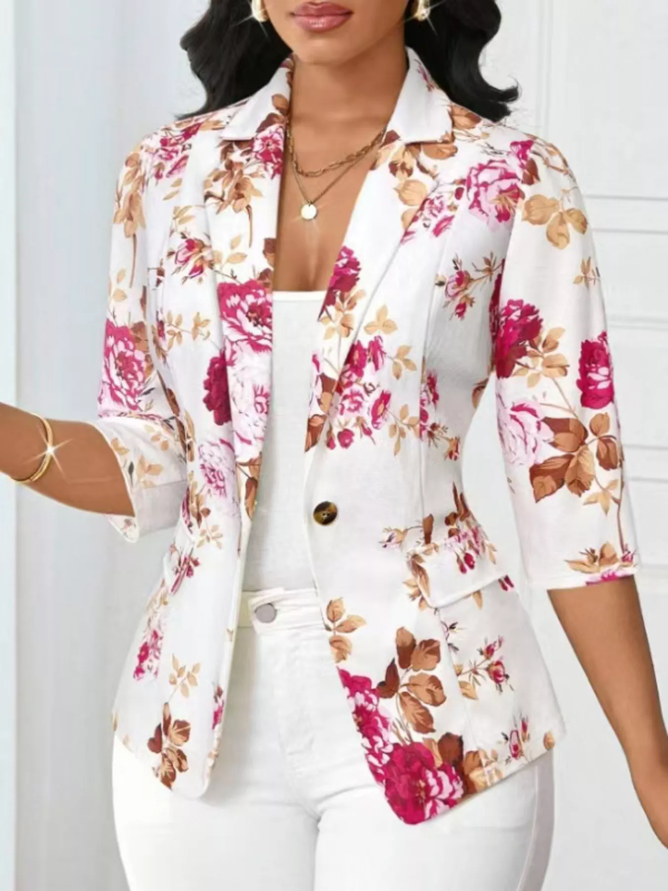 Floral Print One Button Casual Blazer - Image 8