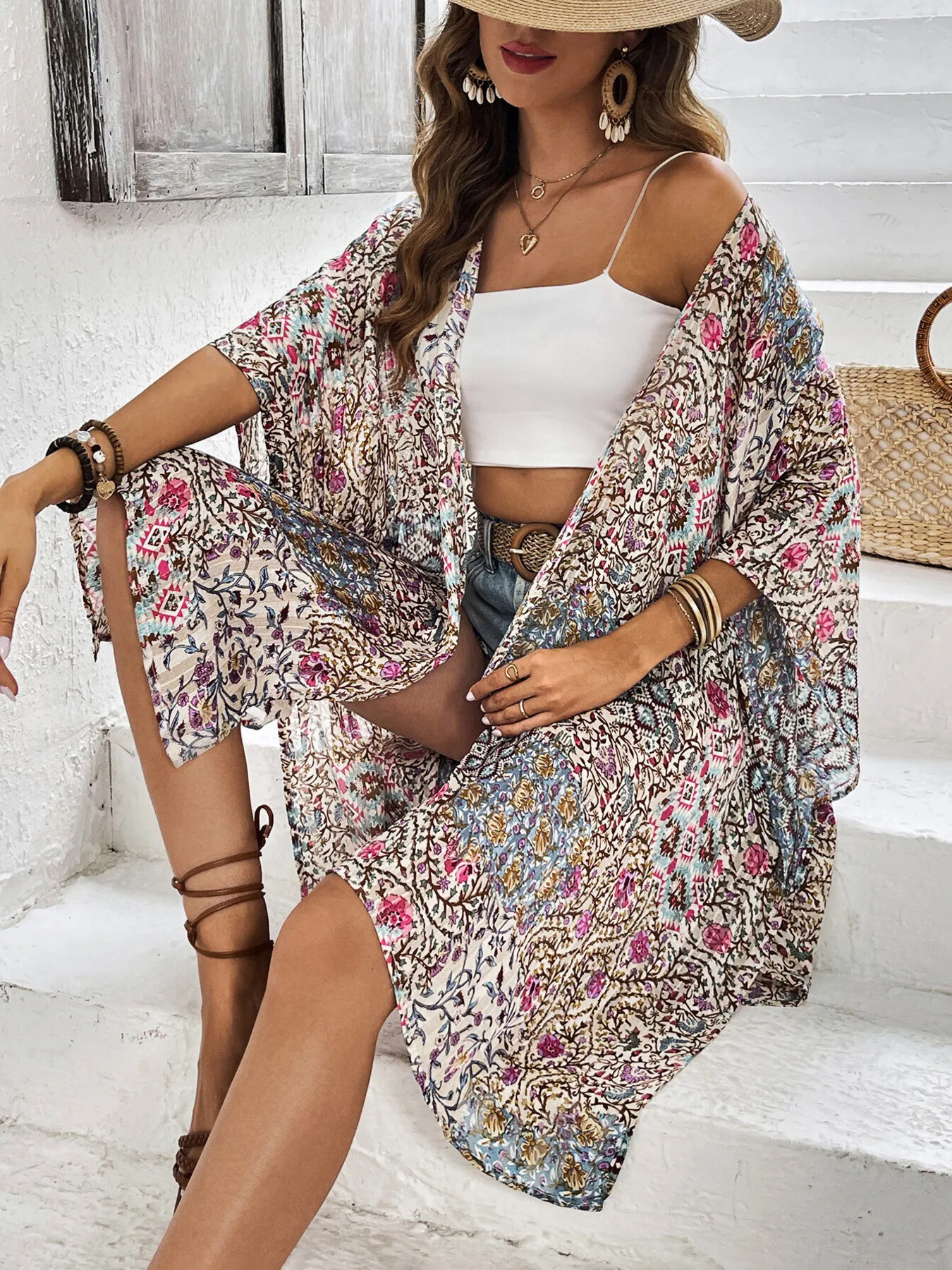 Floral Print Open Front Cover Up - Image 5