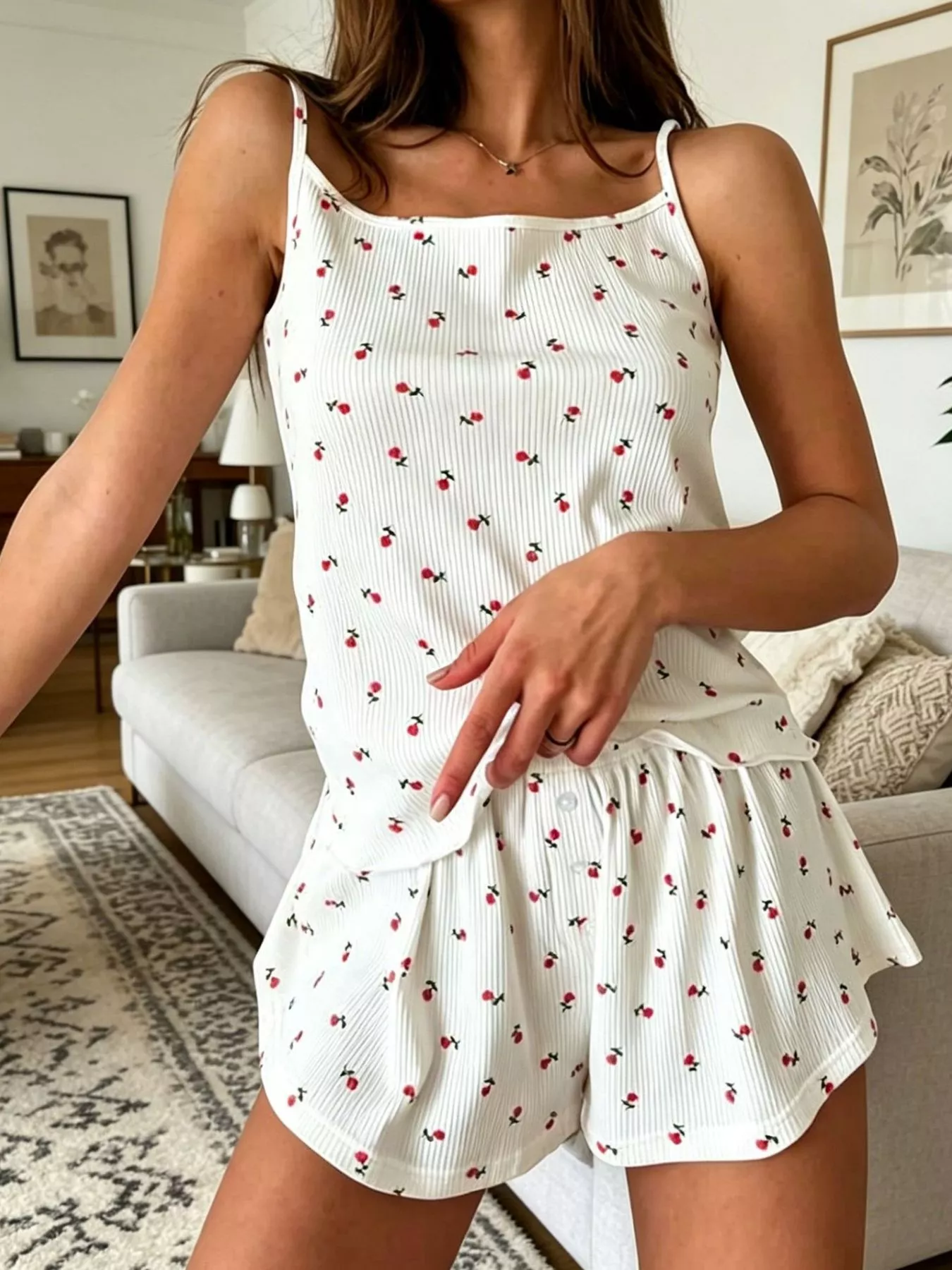 Floral Print Ribbed Knit Cami and Shorts Lounge Set - Image 3