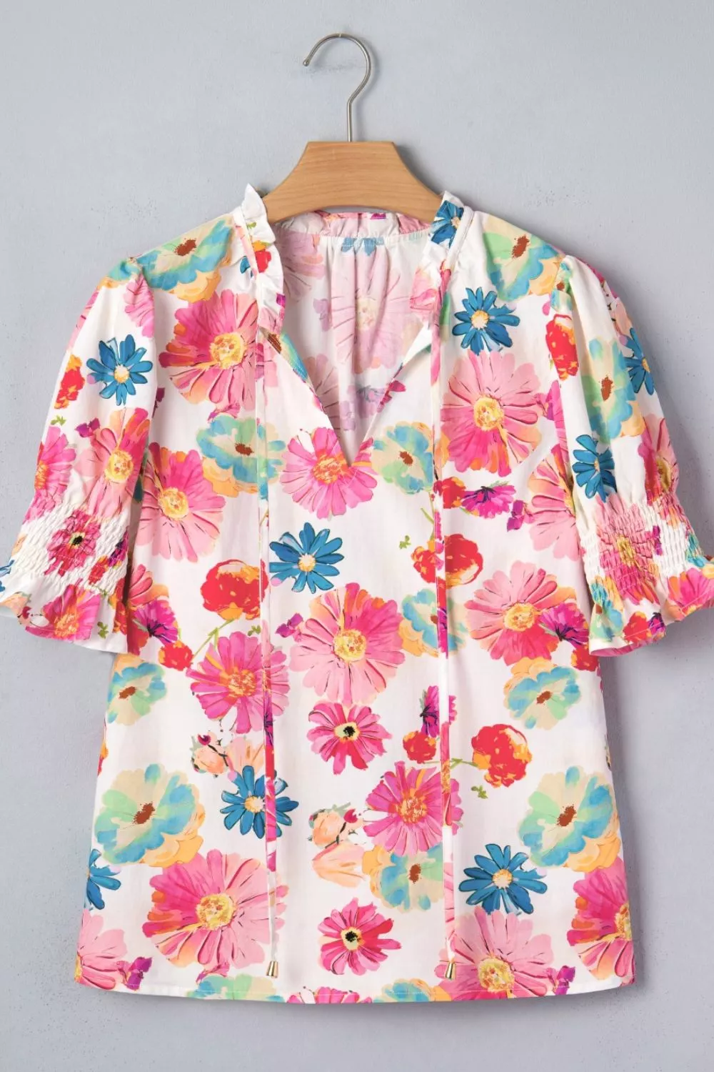 Floral Print Ruched Short Sleeve Blouse - Image 8