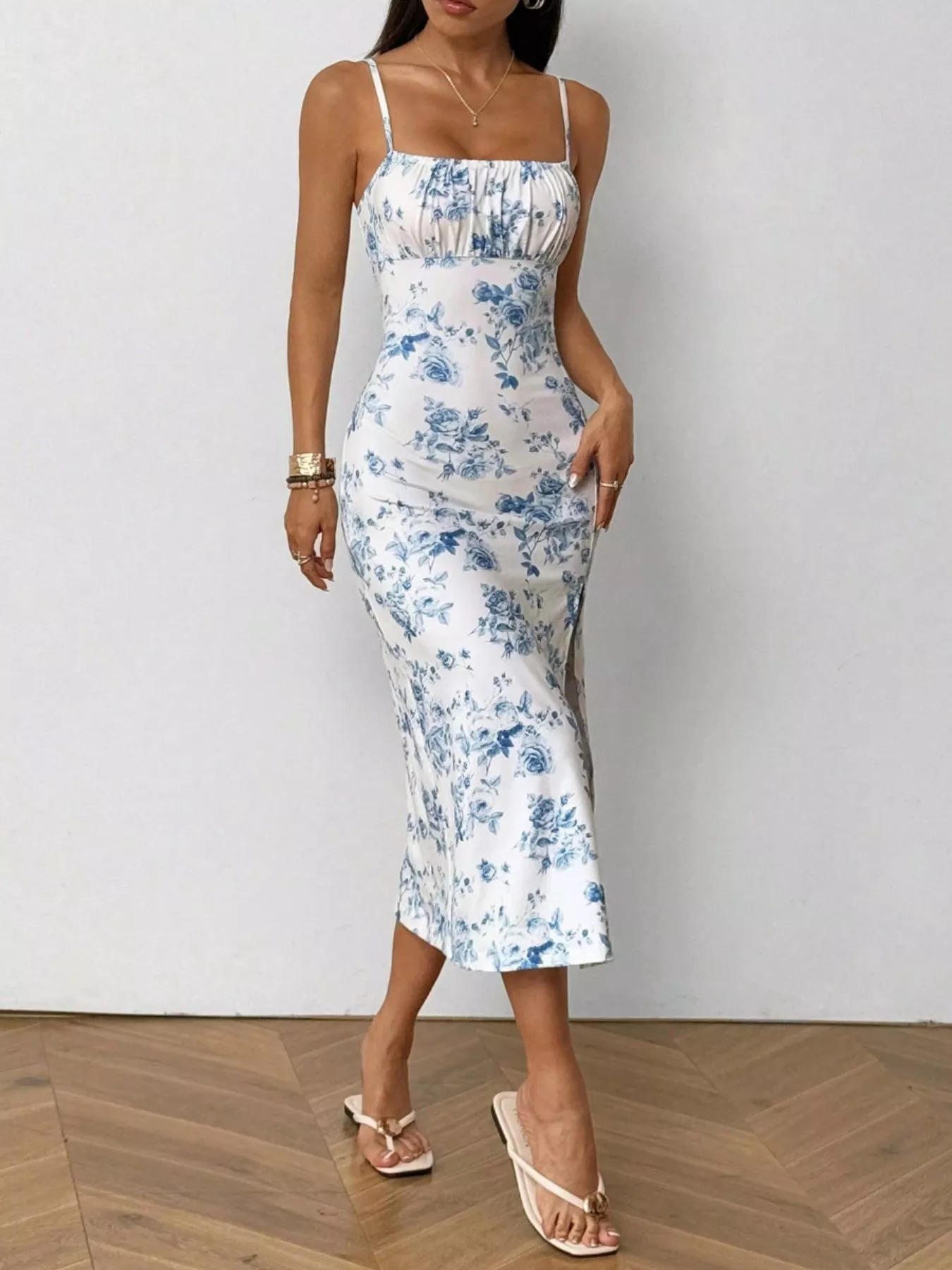 Floral Print Ruched Slit Cami Dress - Image 3