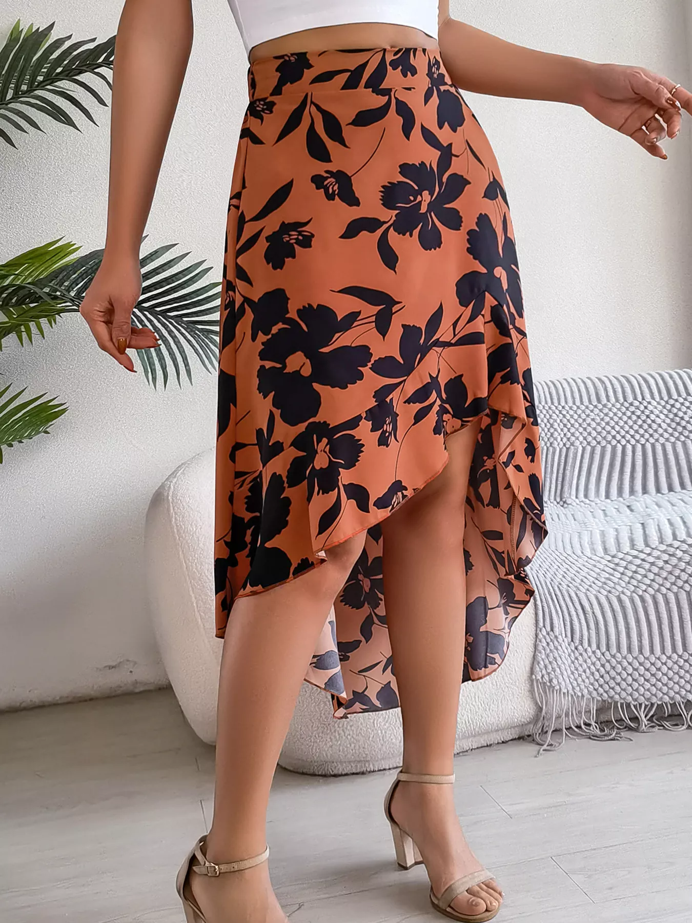 Floral Print Ruffle Hem Asymmetrical Skirt - Image 9