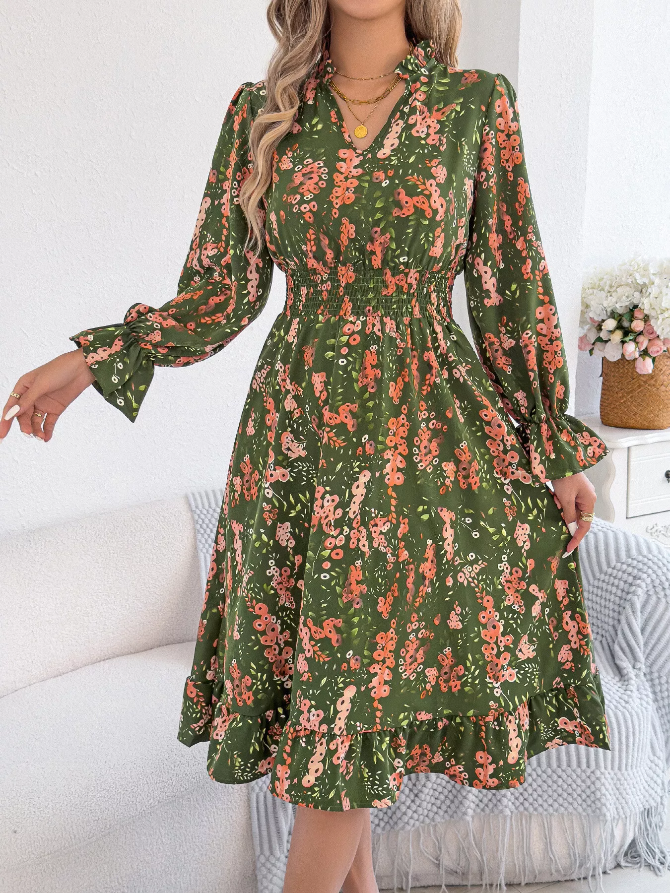Floral Print Ruffle Hem Flounce Sleeve A-Line Dress - Image 7