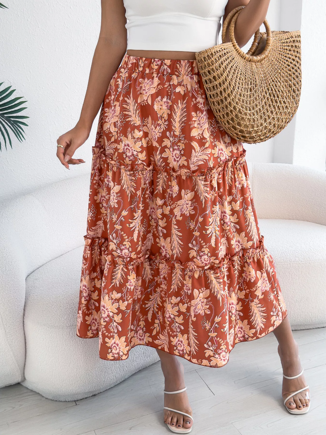 Floral Print Ruffle Hem Flowy Midi Skirt - Image 12