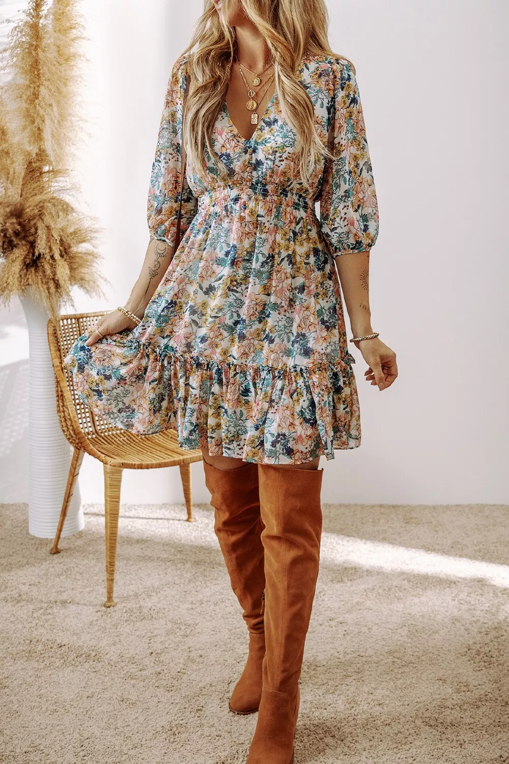 Floral Print Ruffle Hem Mini Dress