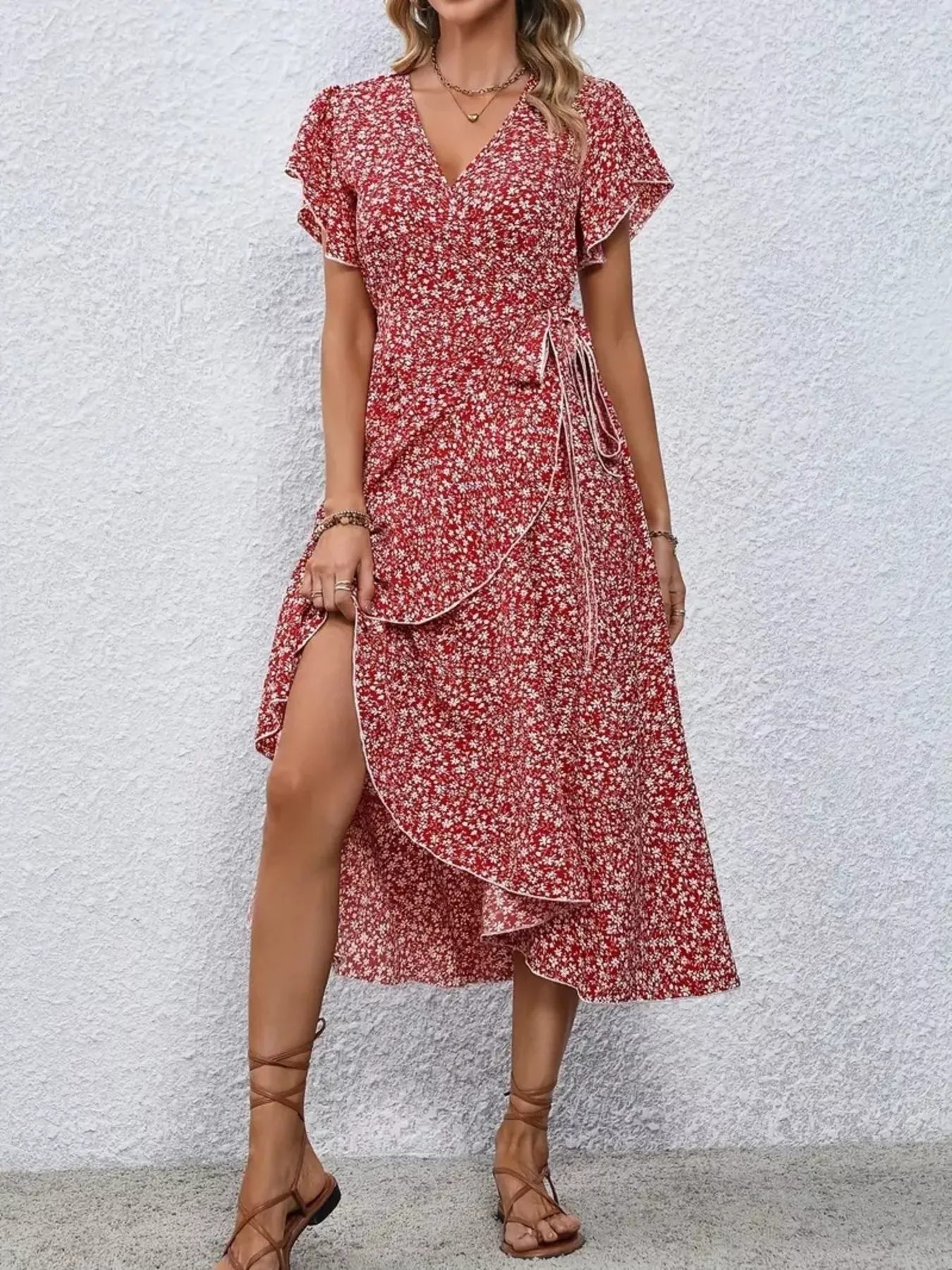 Floral Print Ruffle Hem Wrap Midi Dress - Image 14