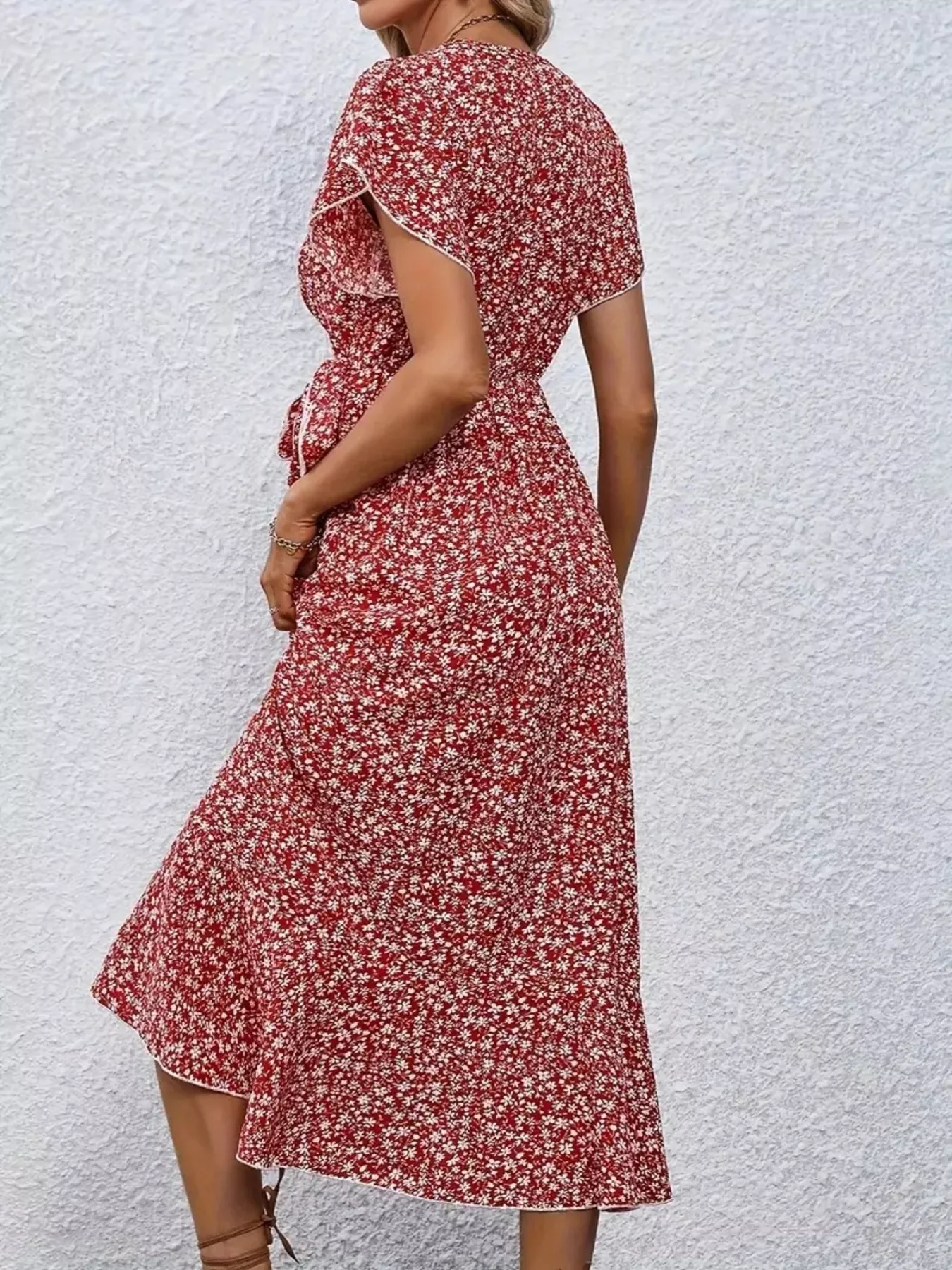 Floral Print Ruffle Hem Wrap Midi Dress - Image 16