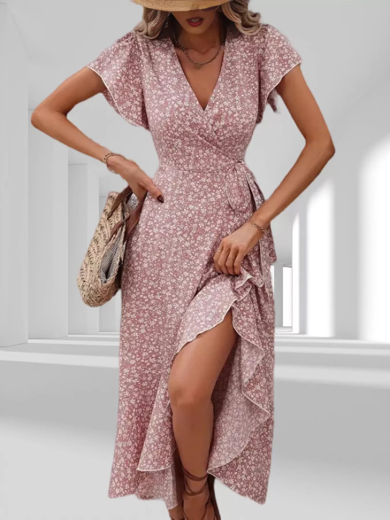 Floral Print Ruffle Hem Wrap Midi Dress - Image 9