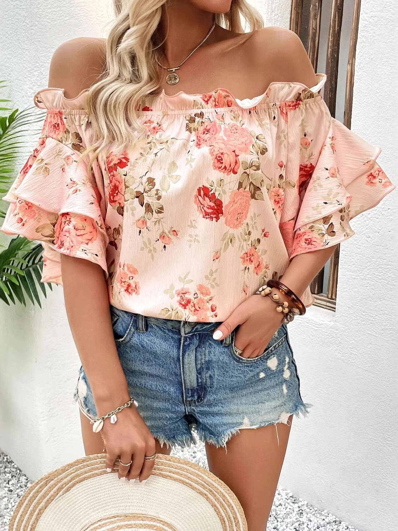 Floral Print Ruffle Off Shoulder Blouse - Image 3