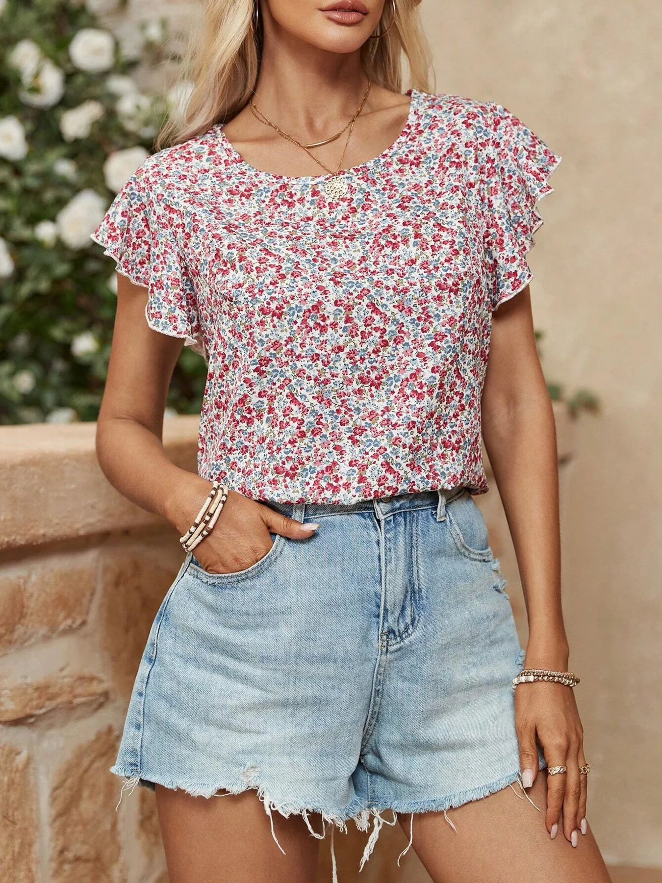 Floral Print Ruffle Sleeve Blouse - Image 3