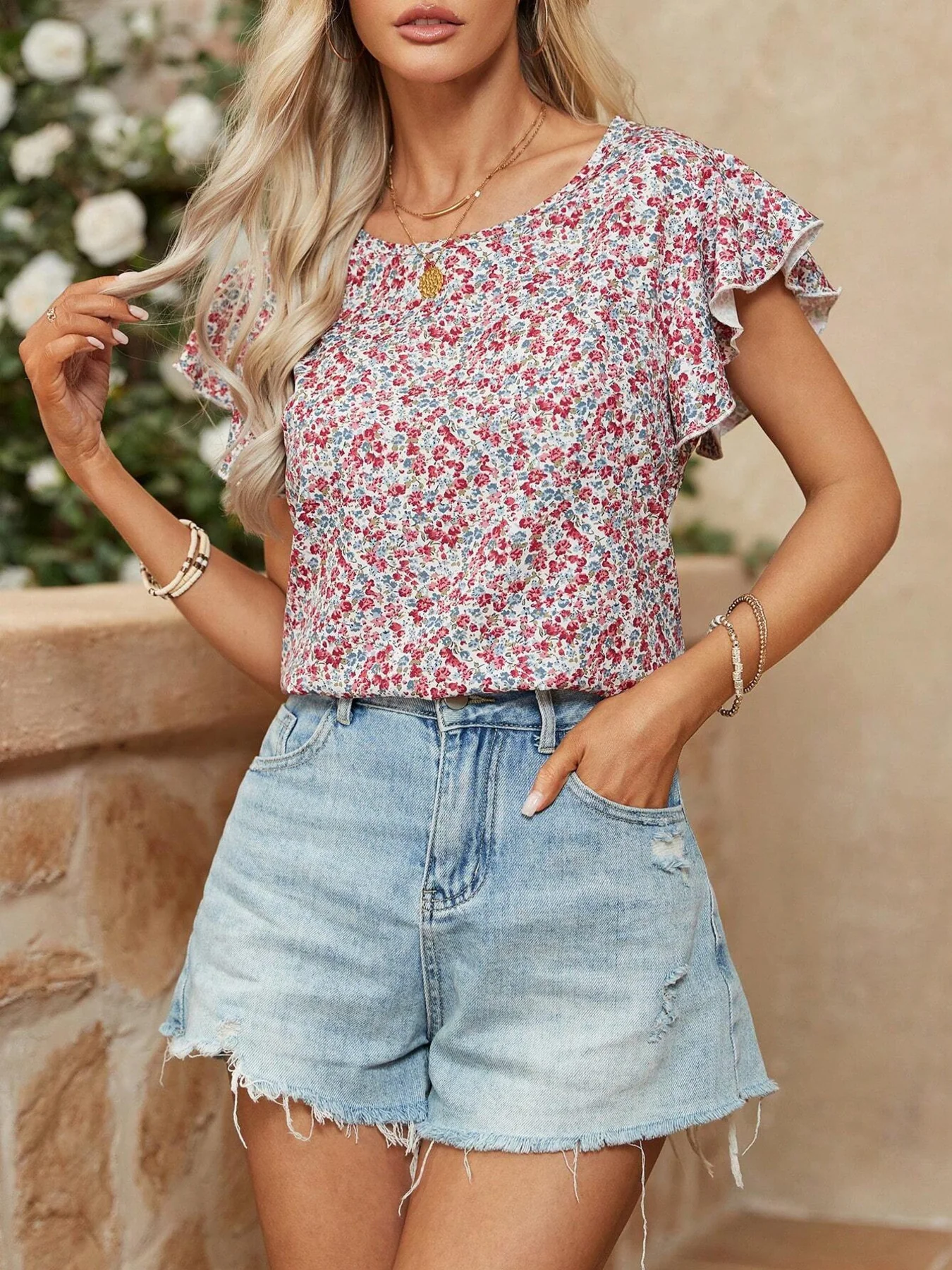 Floral Print Ruffle Sleeve Blouse - Image 4