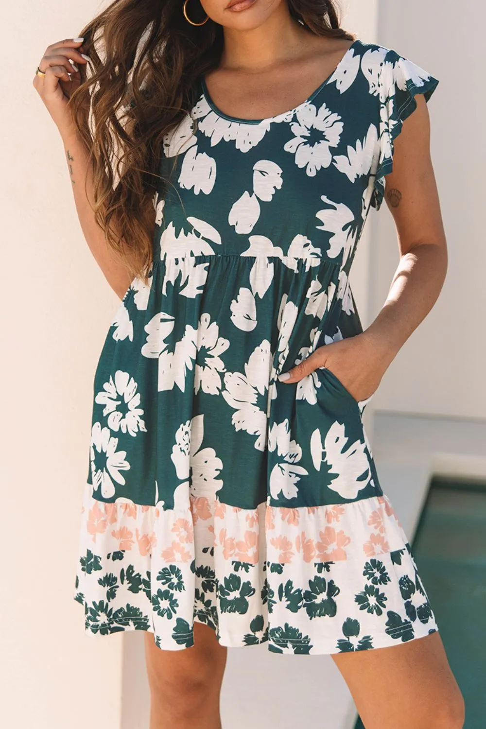 Floral Print Ruffle Sleeve Empire Waist Mini Dress - Image 2