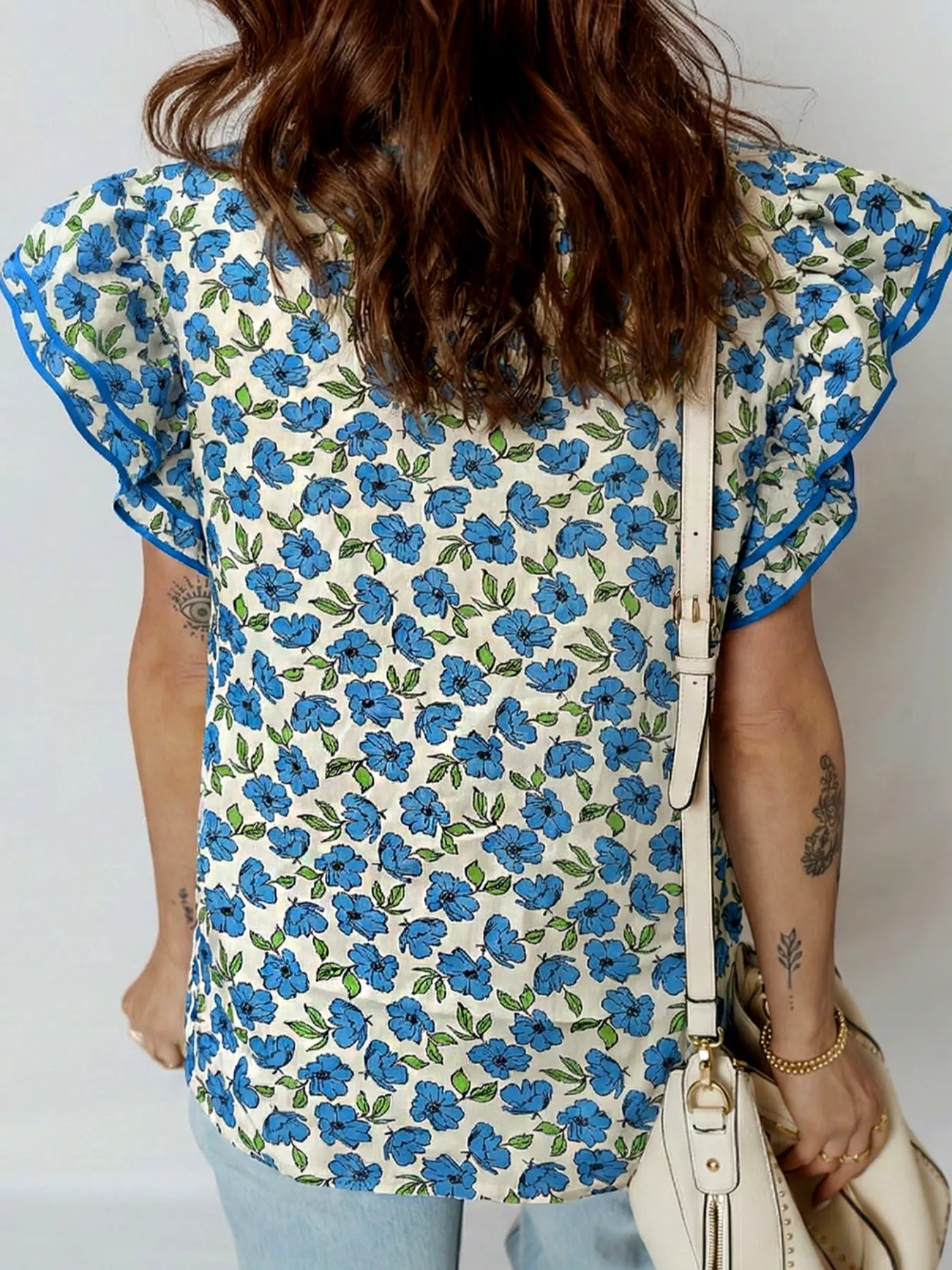 Floral Print Ruffle Sleeve Tie Neck Blouse - Image 2