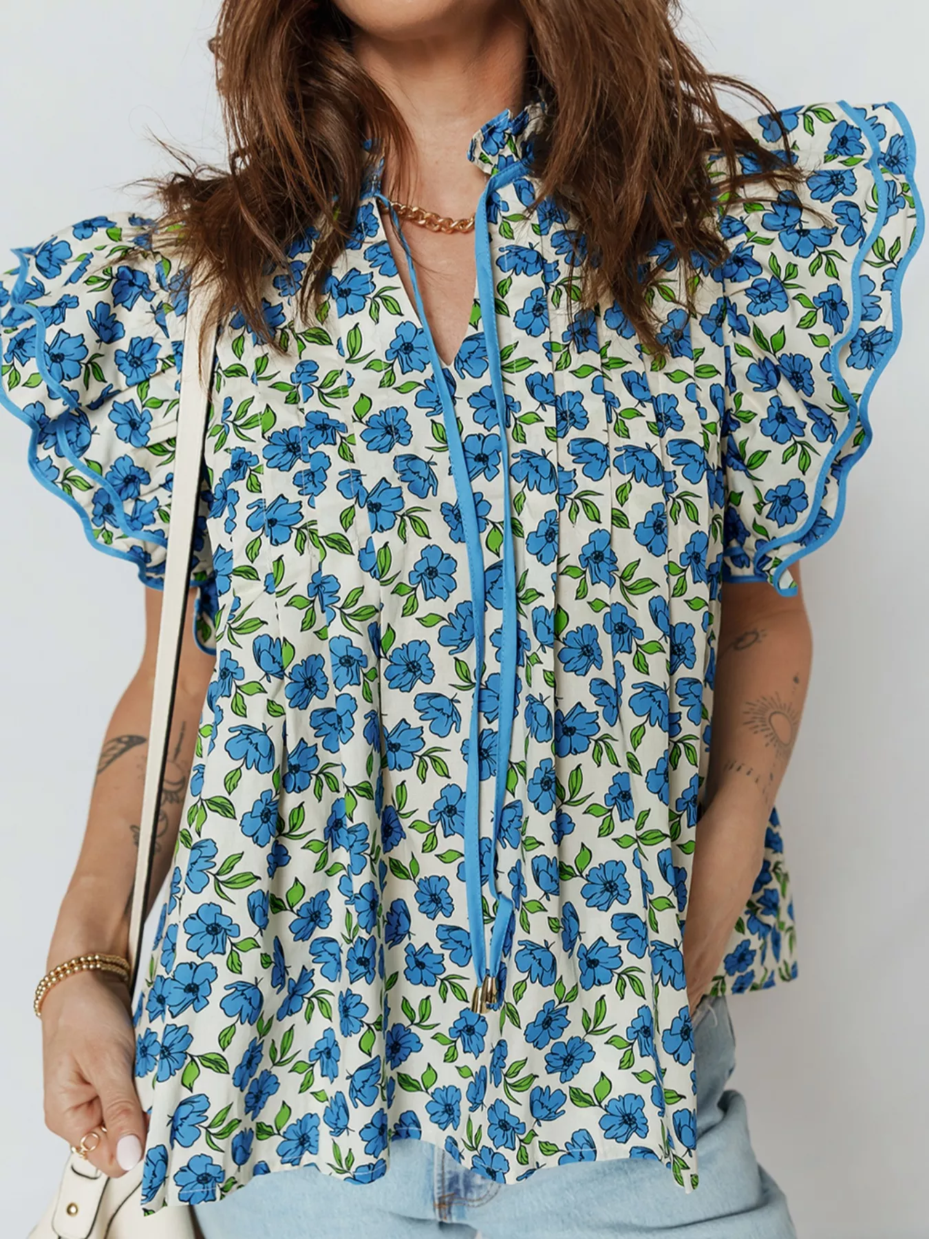 Floral Print Ruffle Sleeve Tie Neck Blouse - Image 4