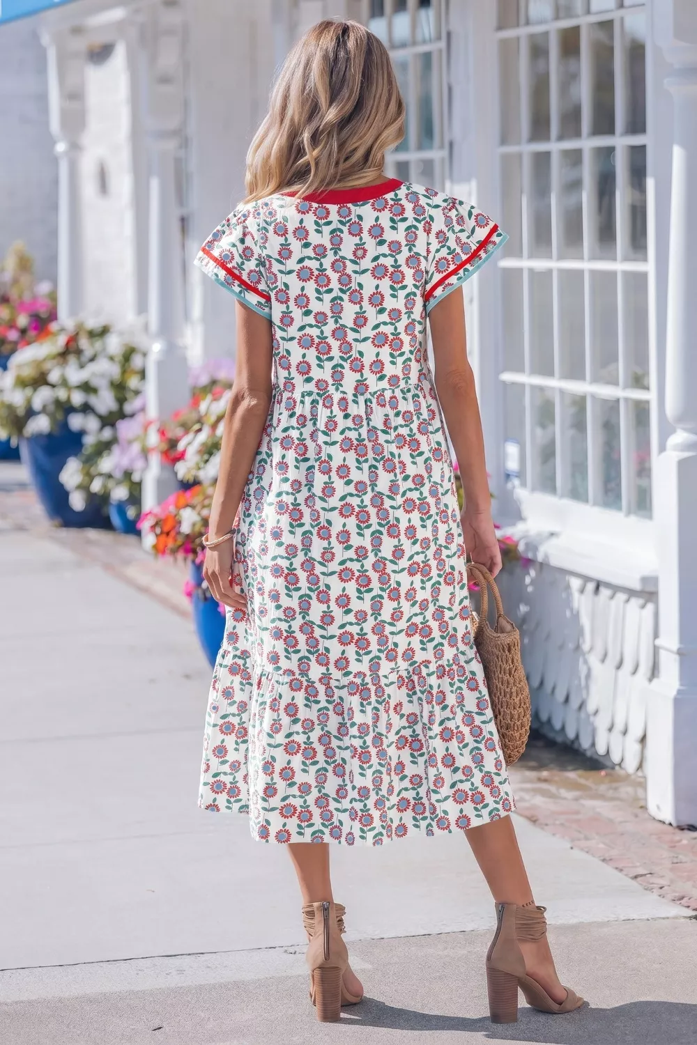 Floral Print Ruffle Sleeve Tiered Midi Dress - Image 3