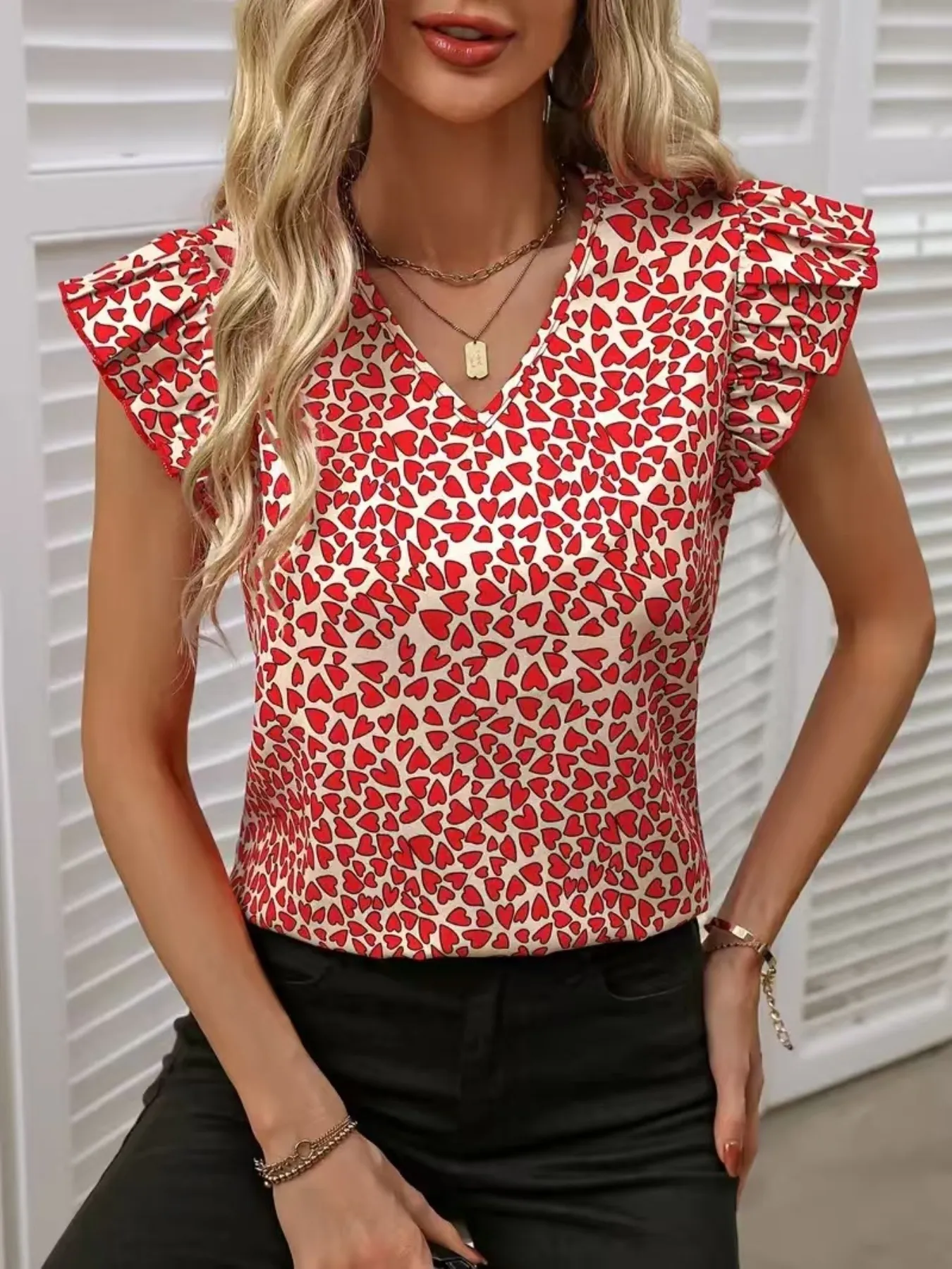 Floral Print Ruffle Sleeve V-Neck Blouse - Image 11