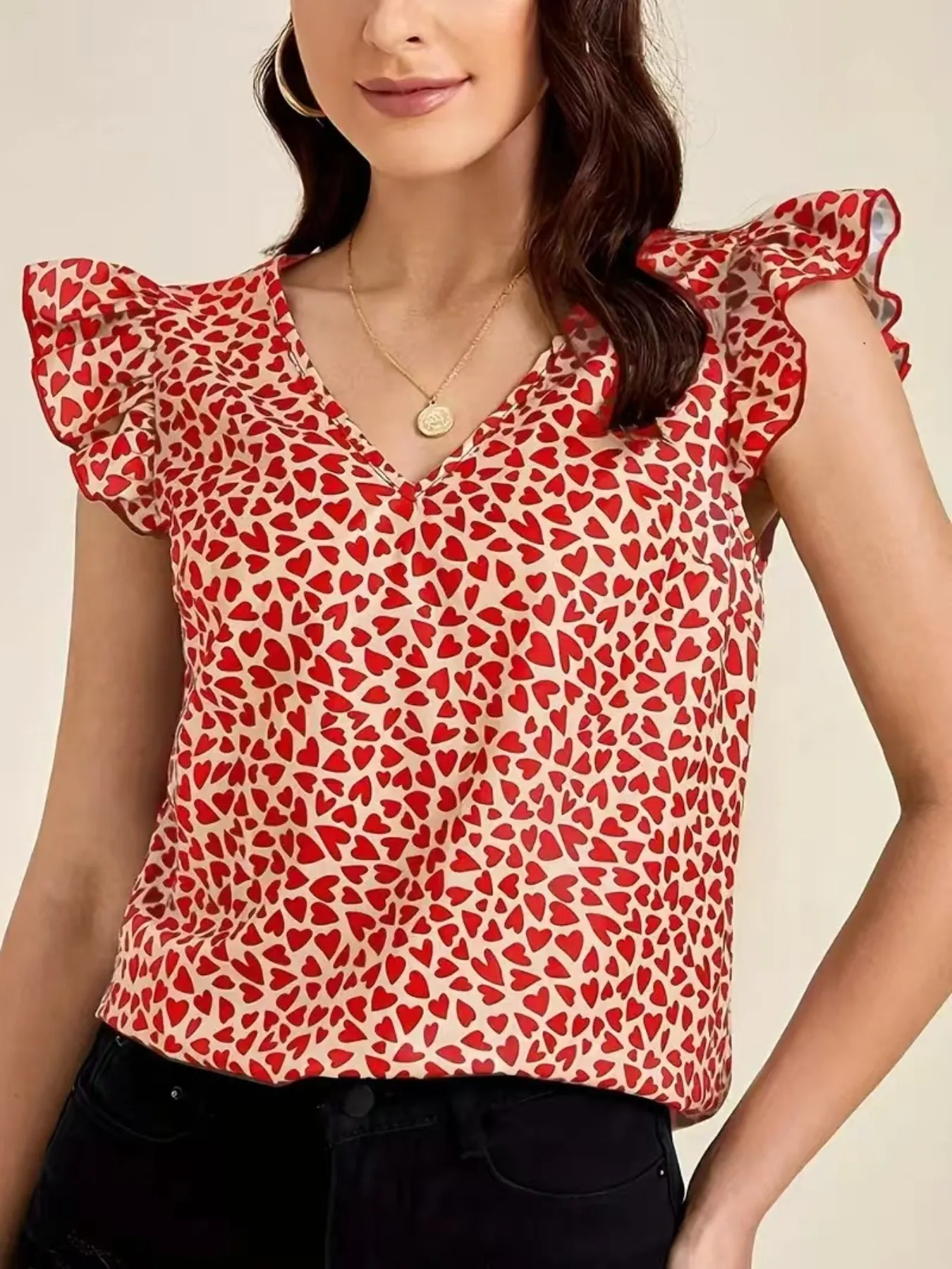 Floral Print Ruffle Sleeve V-Neck Blouse - Image 12