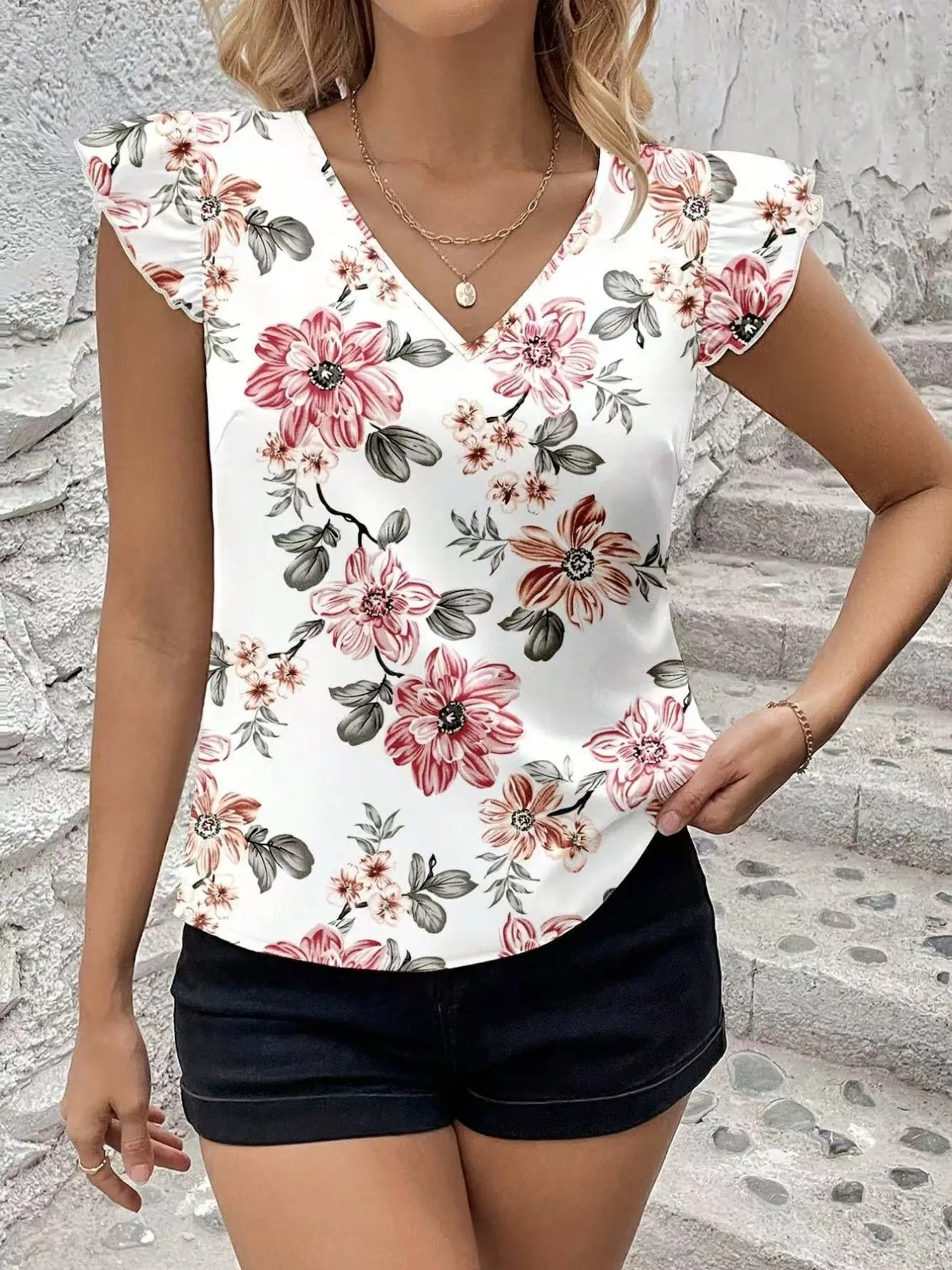 Floral Print Ruffle Sleeve V-Neck Blouse - Image 22