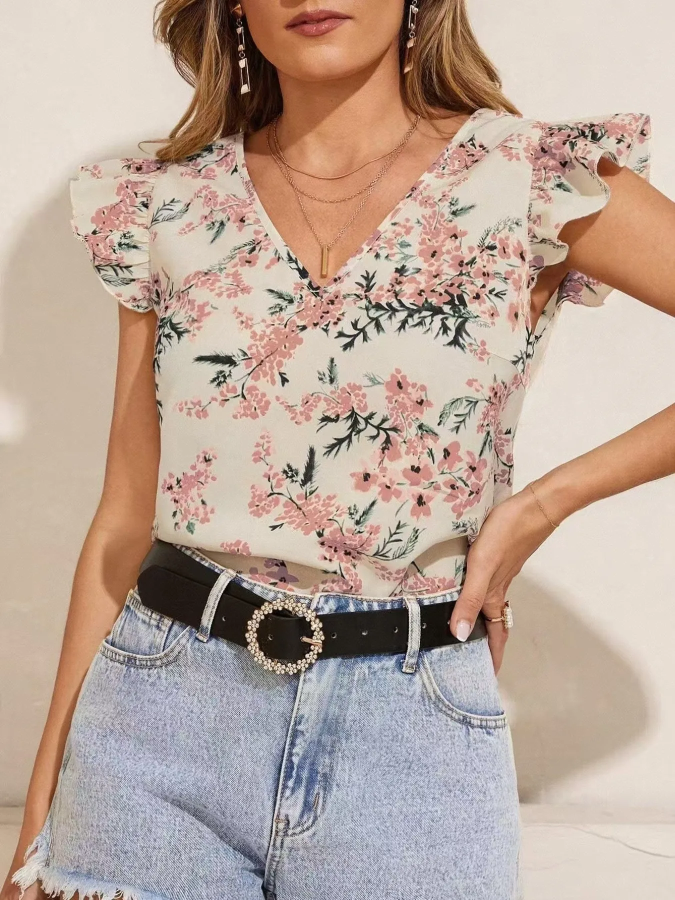 Floral Print Ruffle Sleeve V-Neck Blouse - Image 7