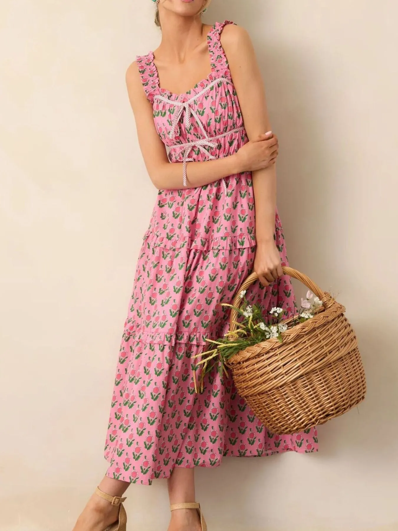 Floral Print Ruffled Midi Dress with Pockets - Image 4