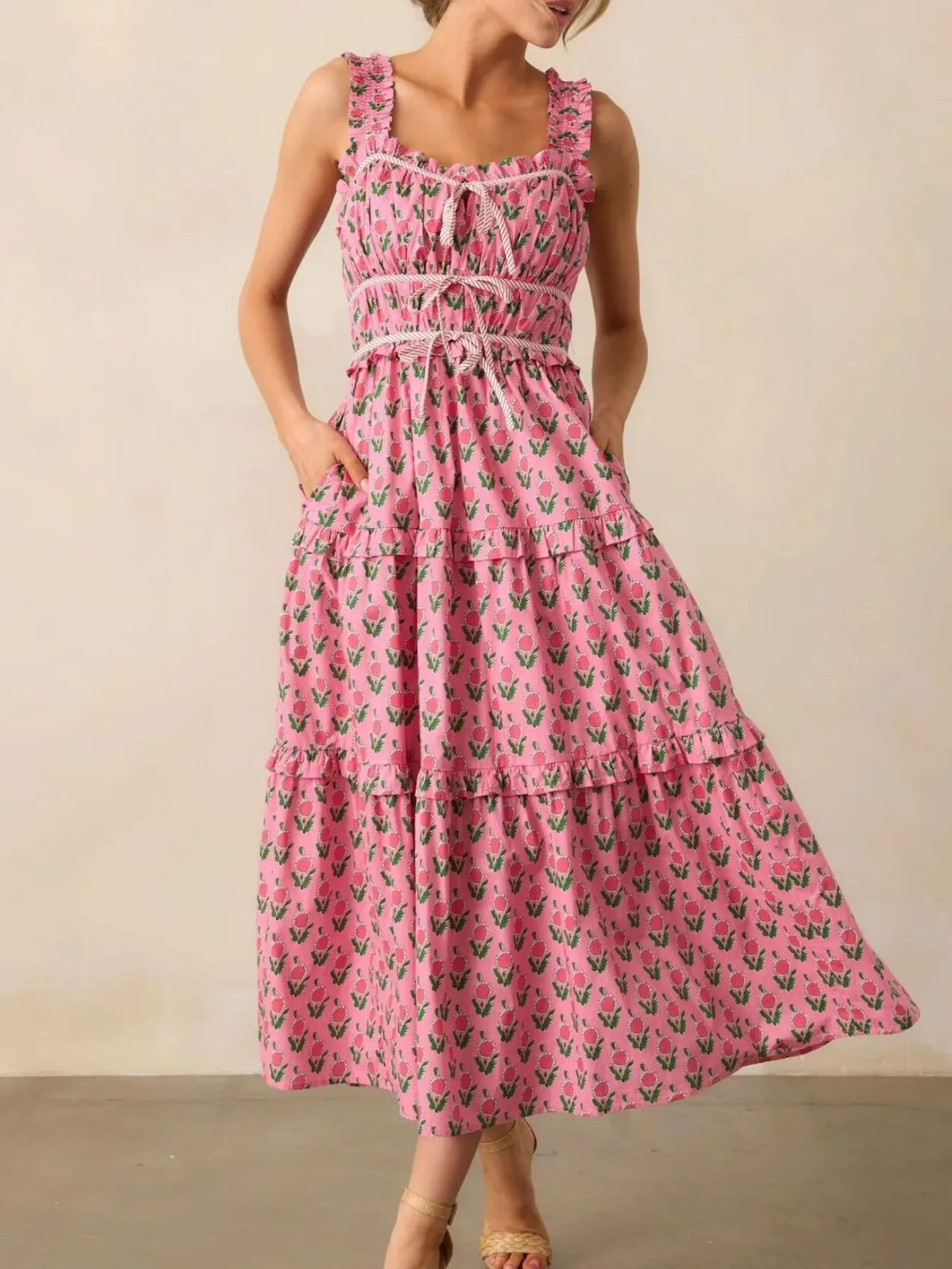 Floral Print Ruffled Midi Dress with Pockets - Image 6