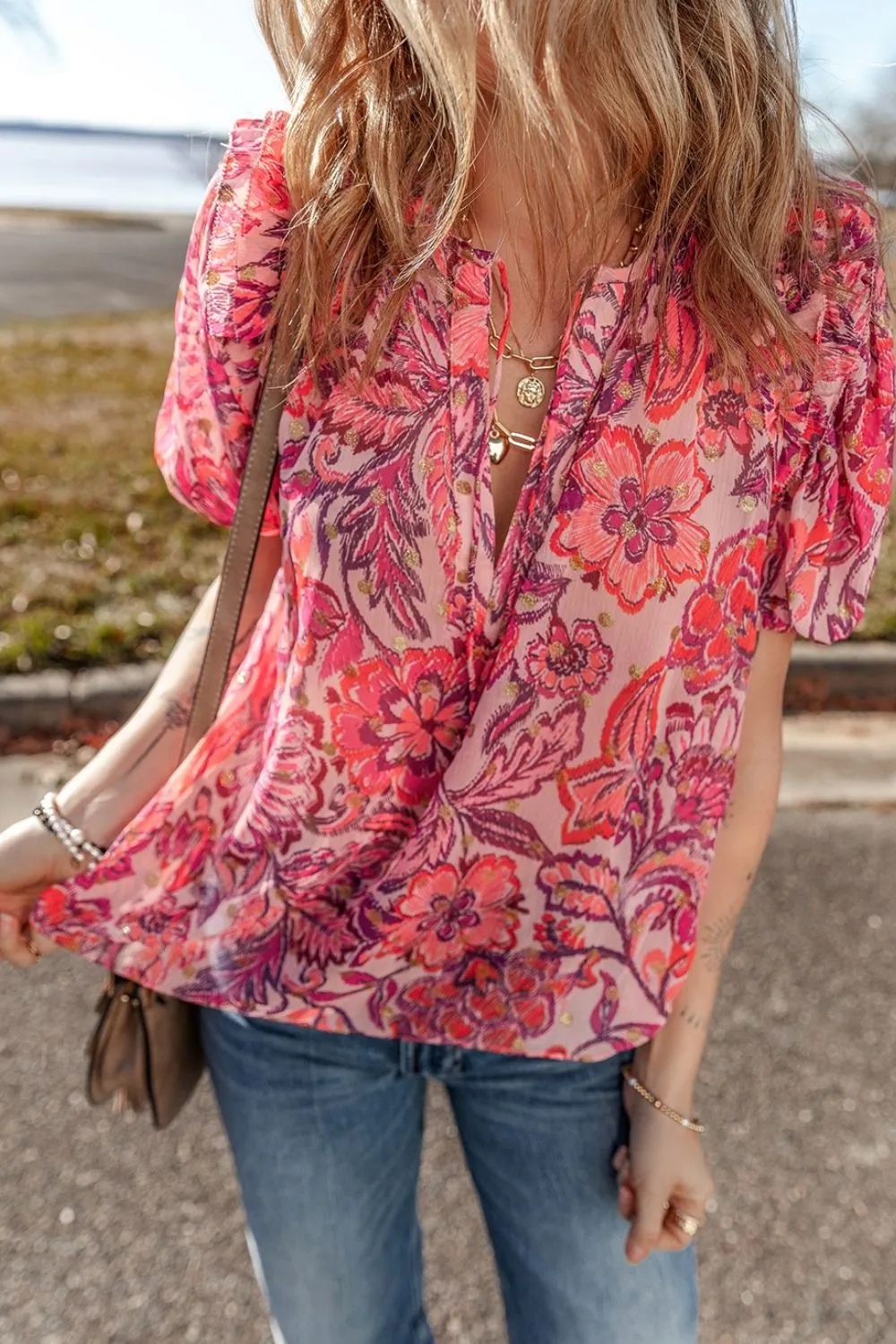 Floral Print Ruffled Puff Short Sleeve Blouse - Image 3