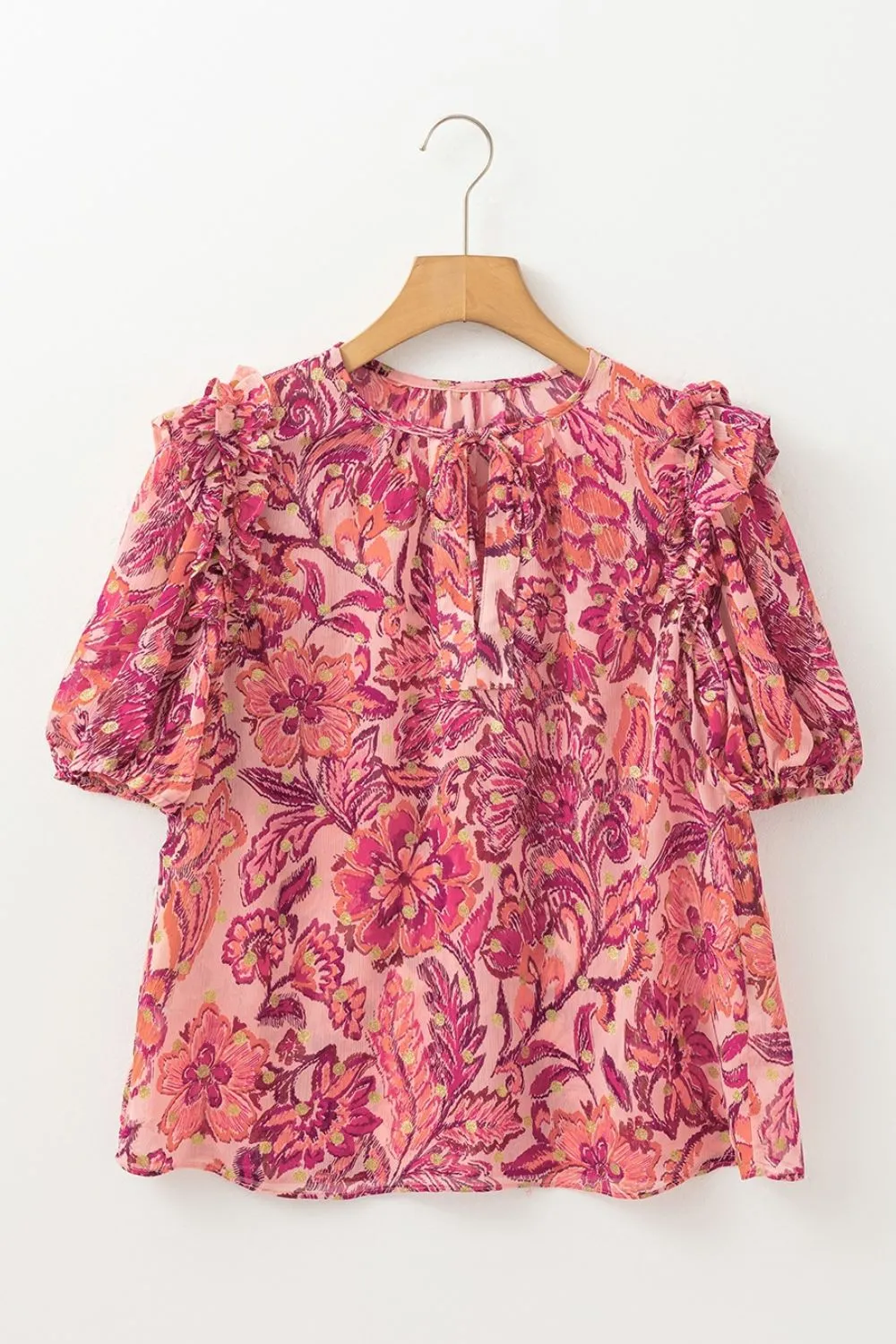 Floral Print Ruffled Puff Short Sleeve Blouse - Image 6