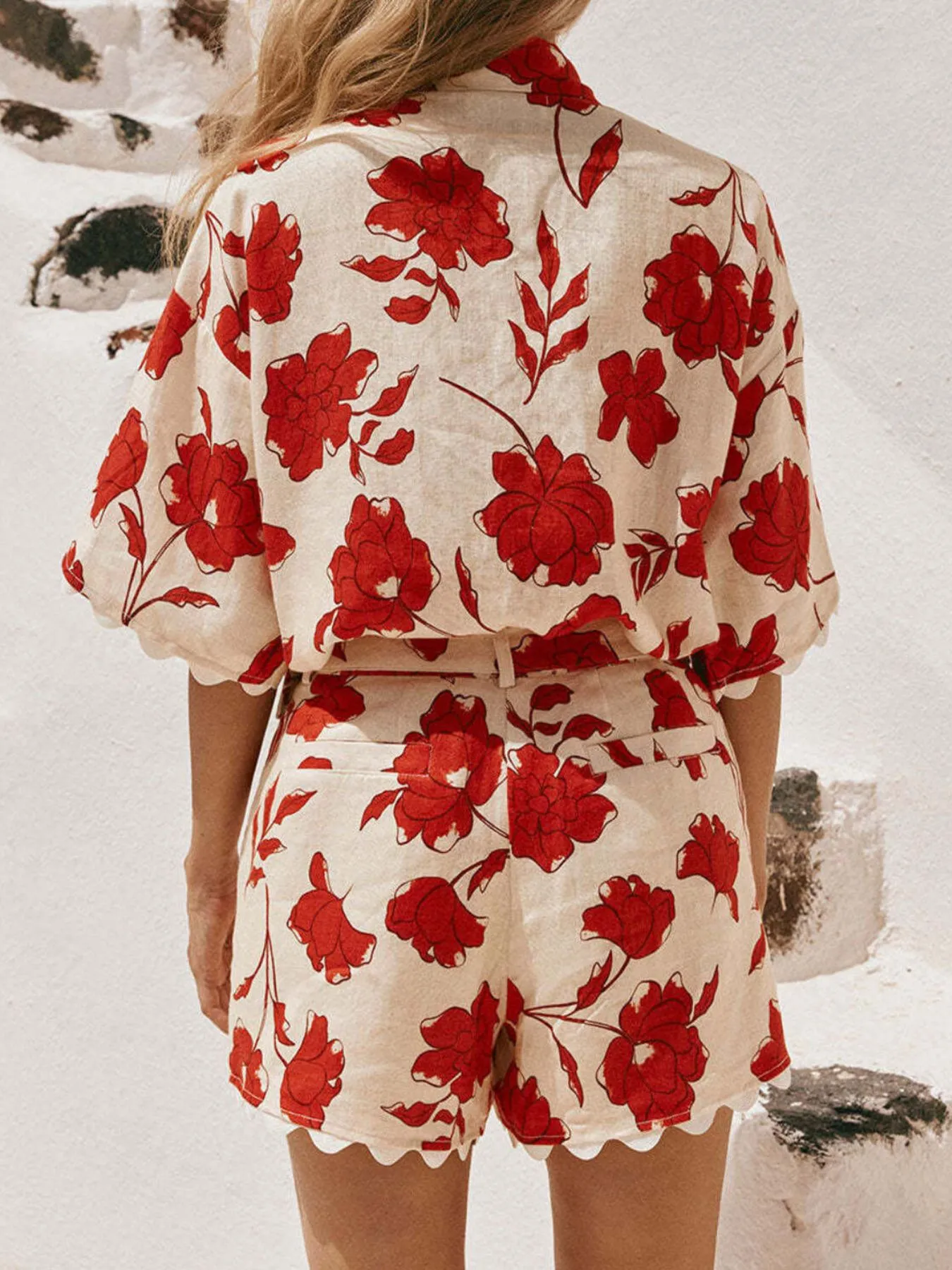 Floral Print Scalloped Edge Top and Shorts Set - Image 4