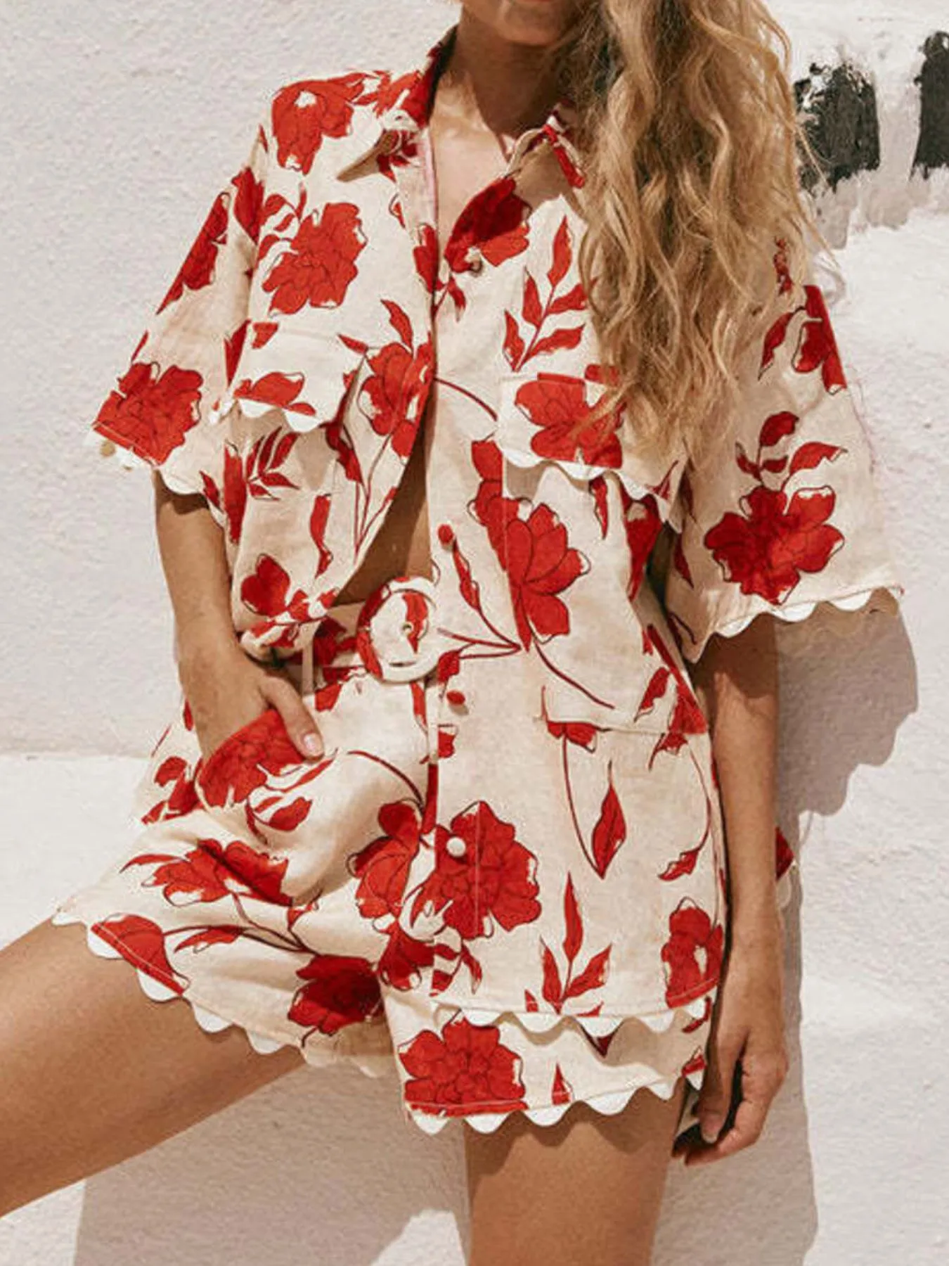 Floral Print Scalloped Edge Top and Shorts Set - Image 7