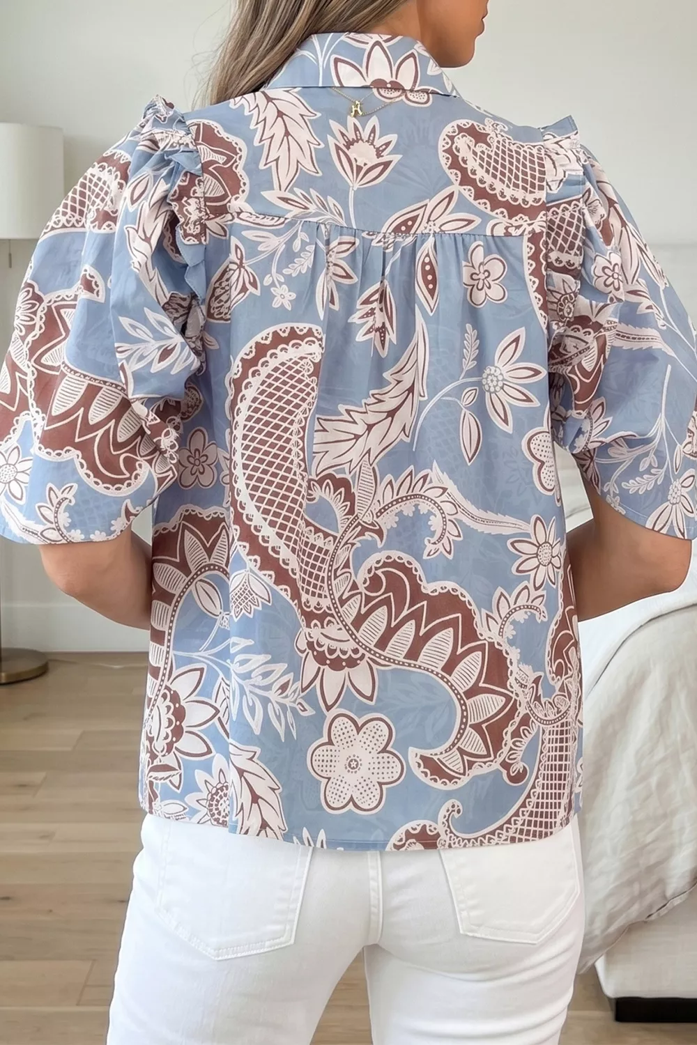 Floral Print Scalloped Trim Button Down Short Sleeve Shirt - Image 2