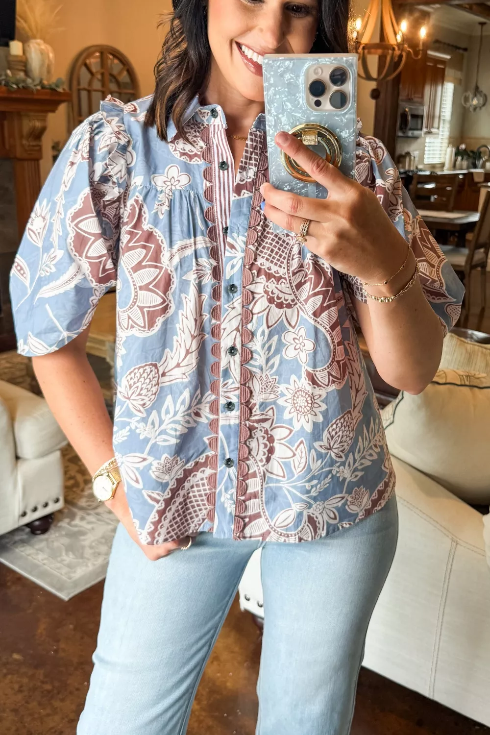 Floral Print Scalloped Trim Button Down Short Sleeve Shirt - Image 4