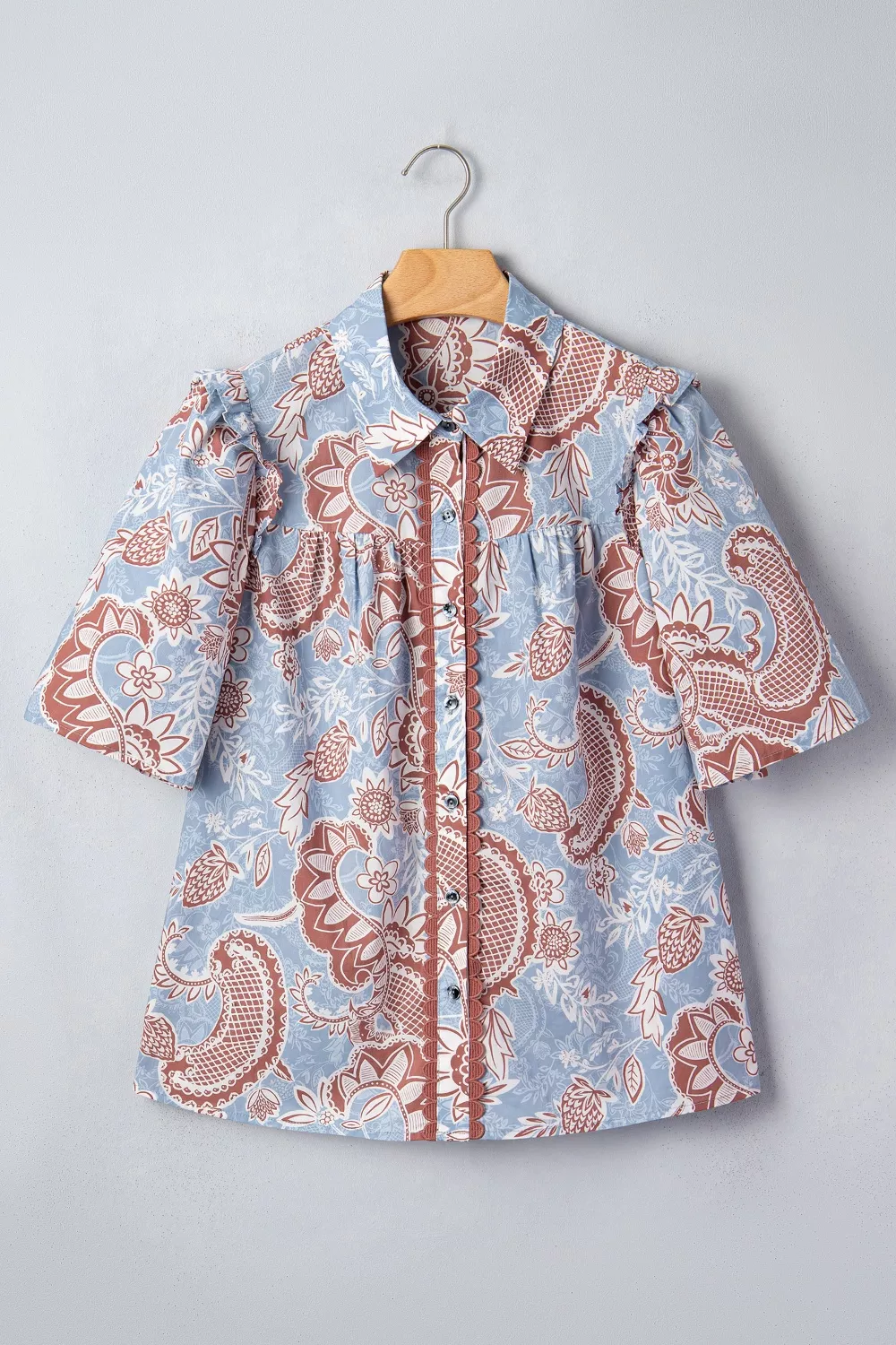 Floral Print Scalloped Trim Button Down Short Sleeve Shirt - Image 5