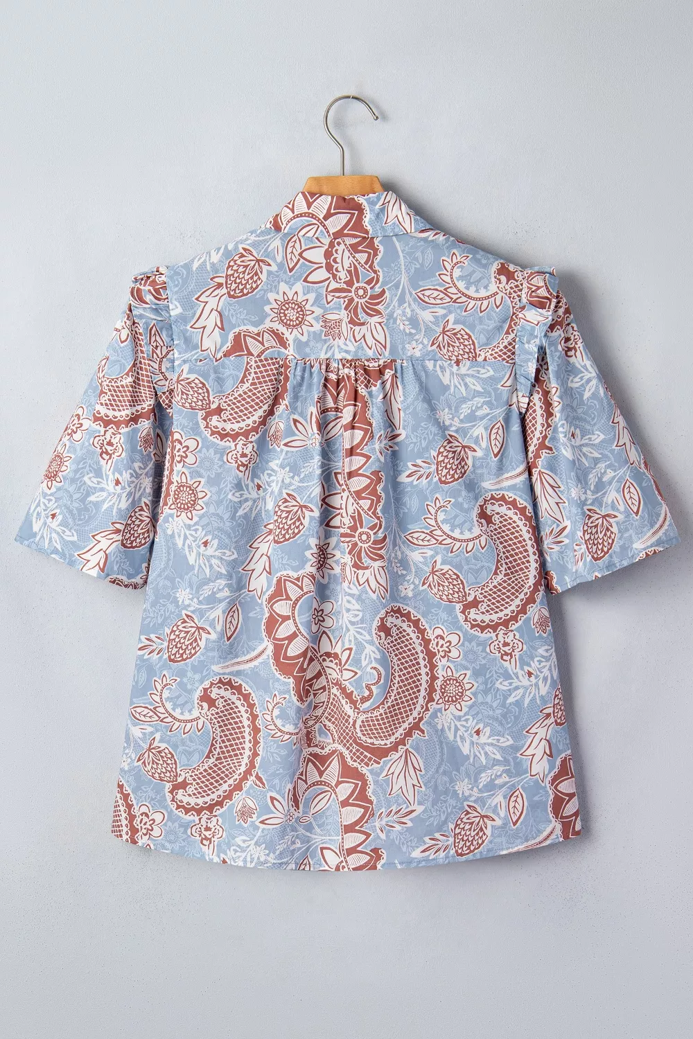 Floral Print Scalloped Trim Button Down Short Sleeve Shirt - Image 6