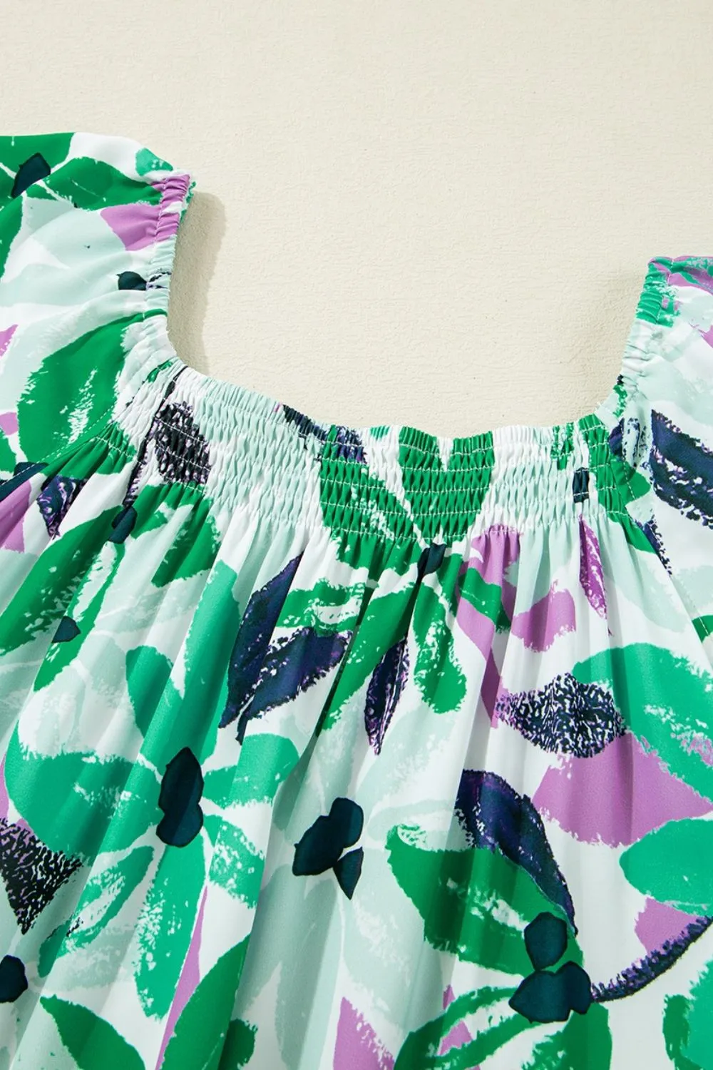 Floral Print Shirred Square Neck Loose Fit Mini Dress - Image 10
