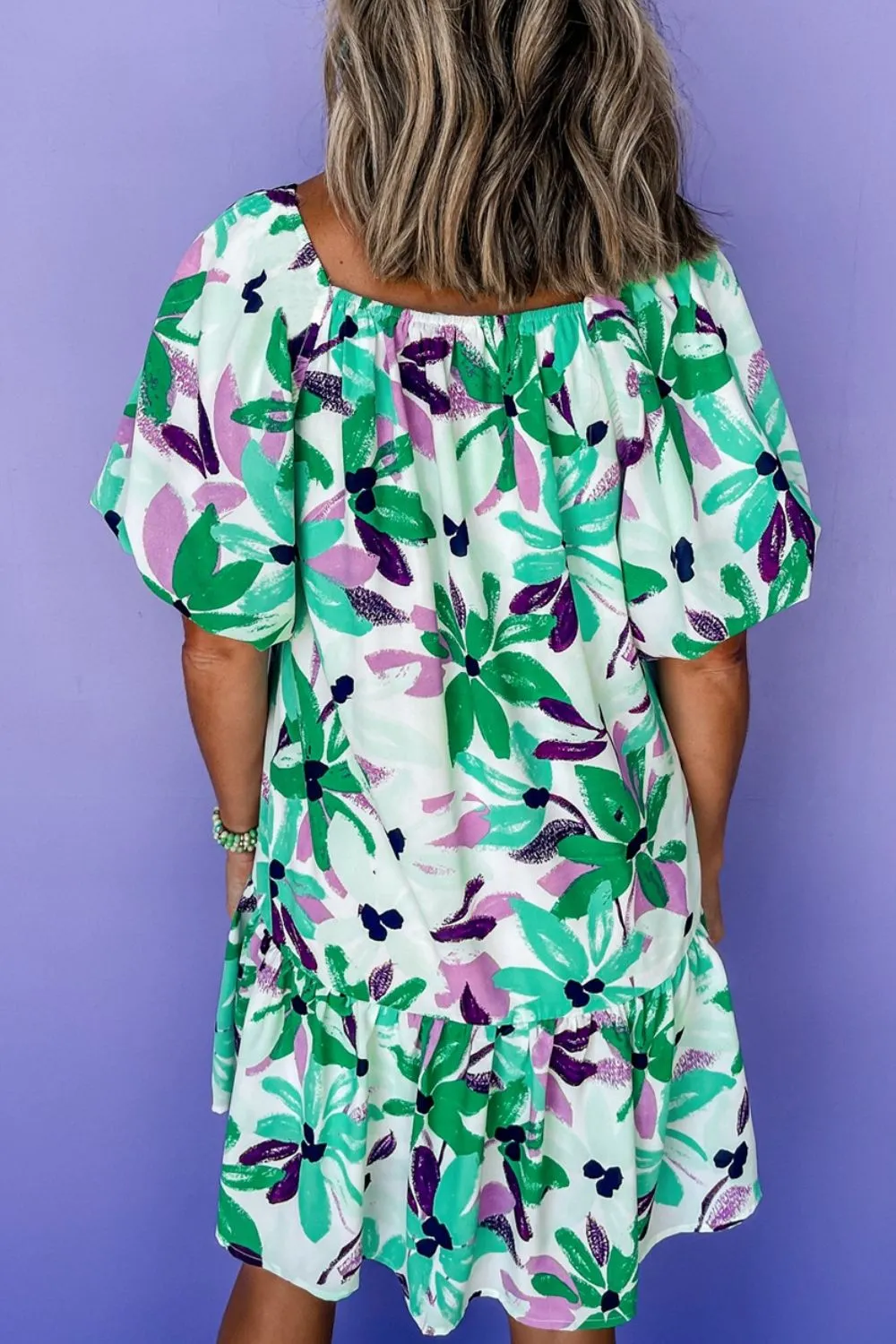 Floral Print Shirred Square Neck Loose Fit Mini Dress - Image 2