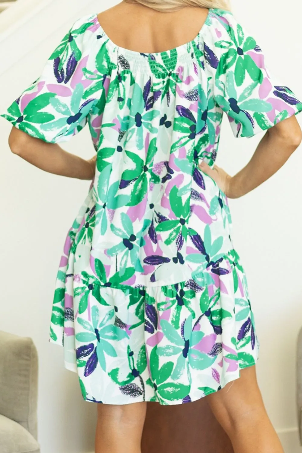Floral Print Shirred Square Neck Loose Fit Mini Dress - Image 5
