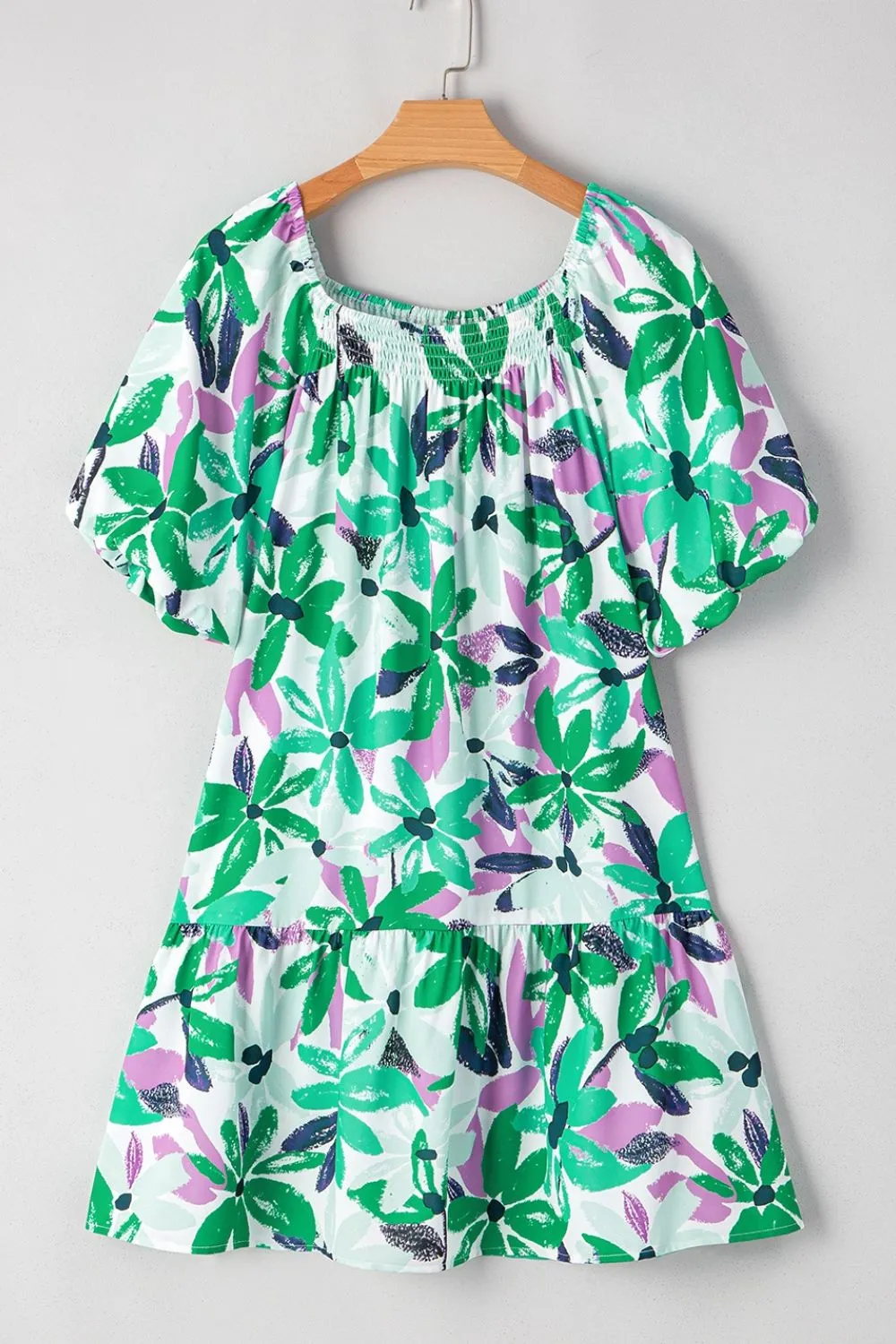Floral Print Shirred Square Neck Loose Fit Mini Dress - Image 7