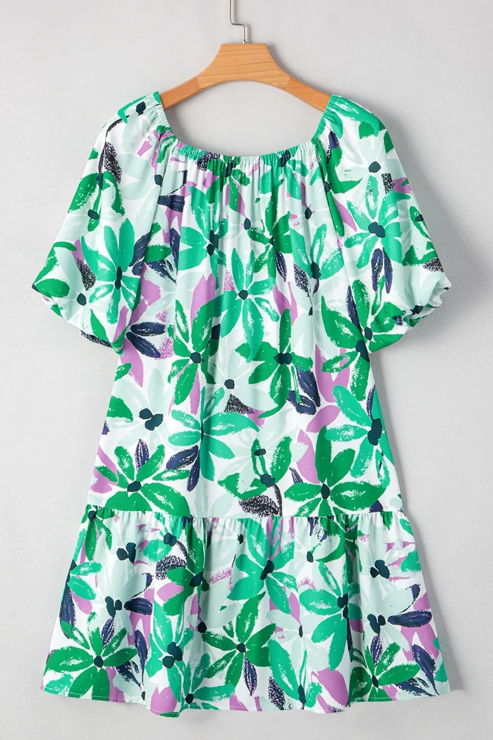 Floral Print Shirred Square Neck Loose Fit Mini Dress - Image 8
