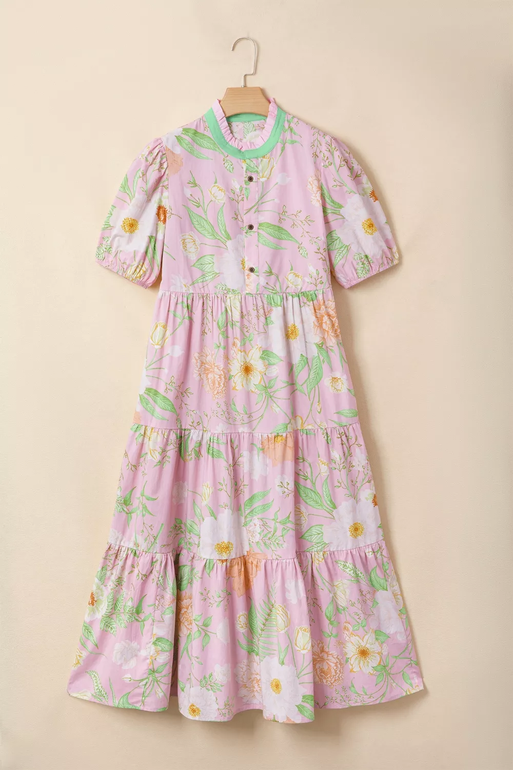 Floral Print Short Puff Sleeve High Waist Tiered Dress - Image 2