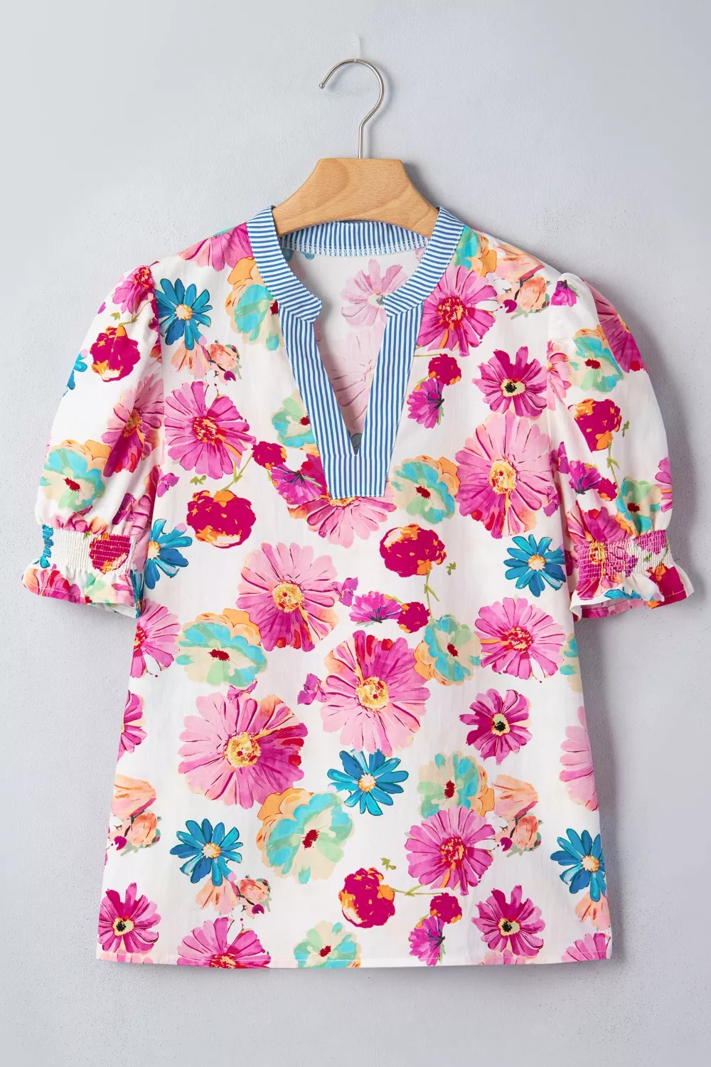 Floral Print Short Puff Sleeve Striped Trim V Neck Blouse - Image 3