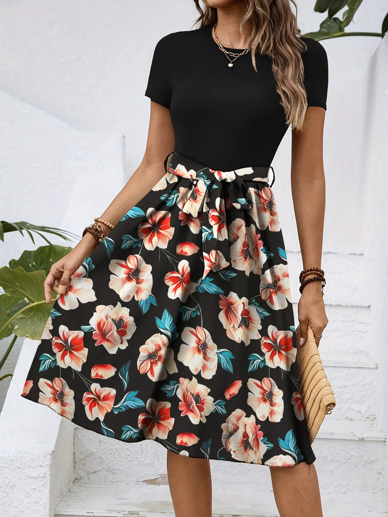 Floral Print Short Sleeve A-Line Dress - Image 2
