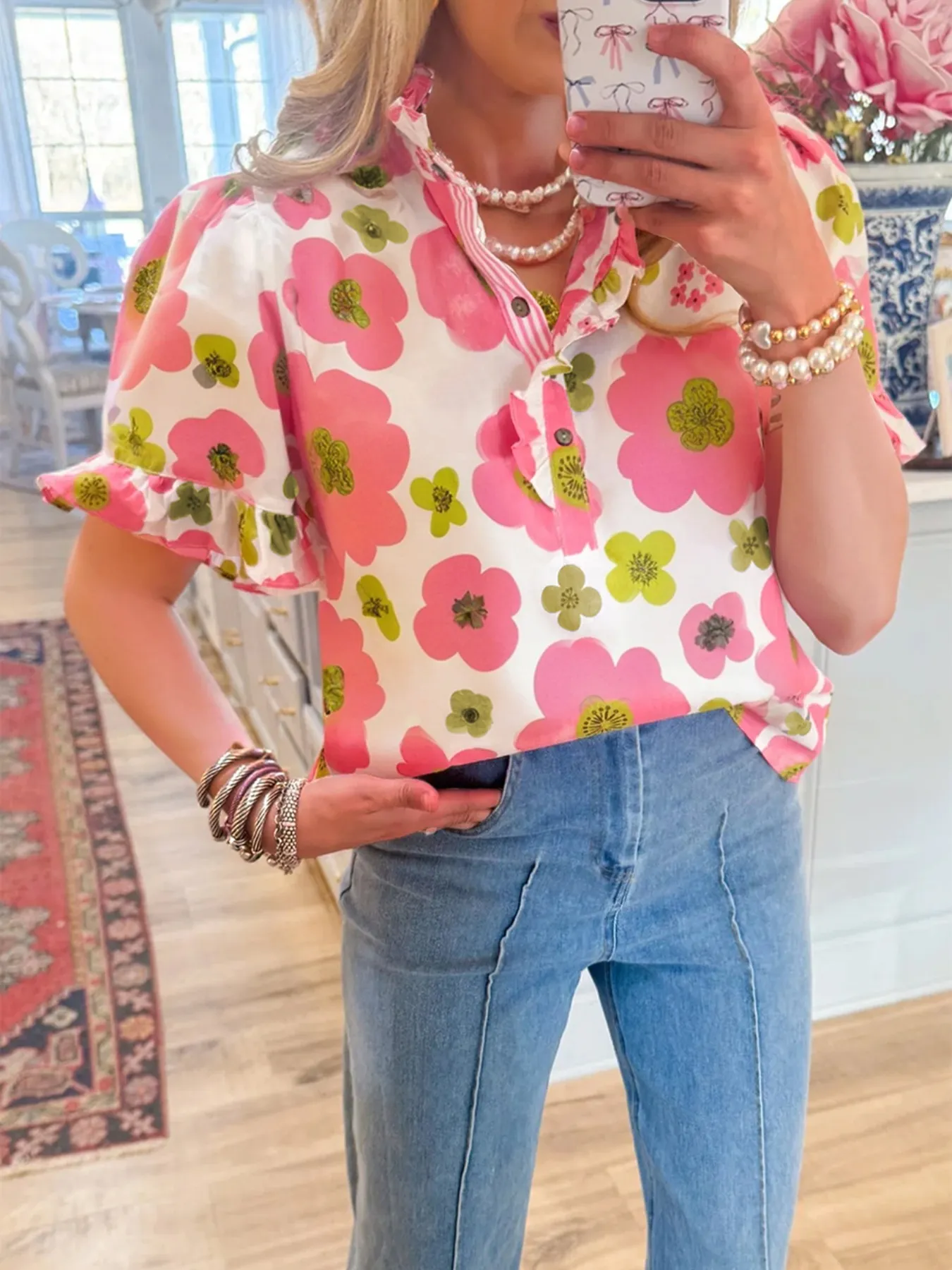 Floral Print Short Sleeve Blouse - Image 2