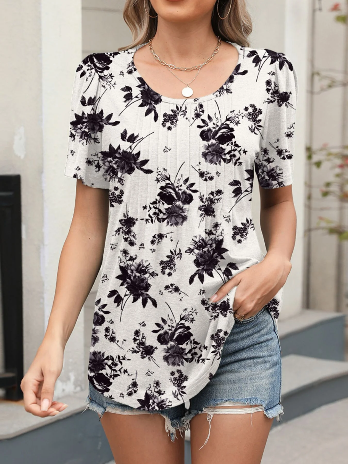 Floral Print Short Sleeve Blouse - Image 9