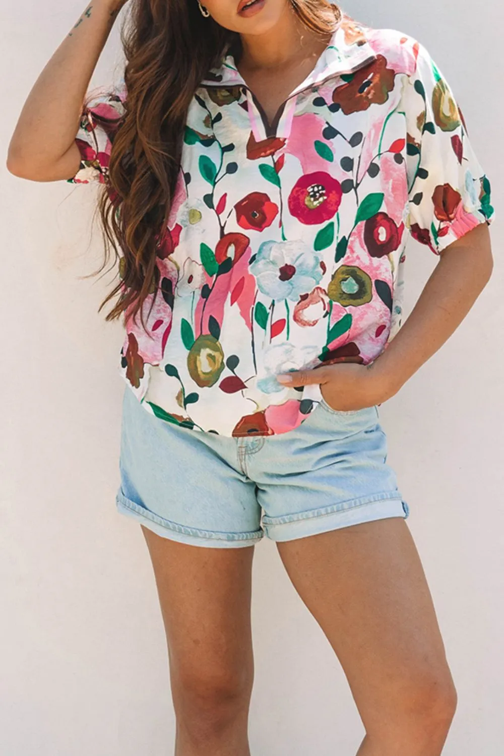 Floral Print Short Sleeve Blouse - Image 5