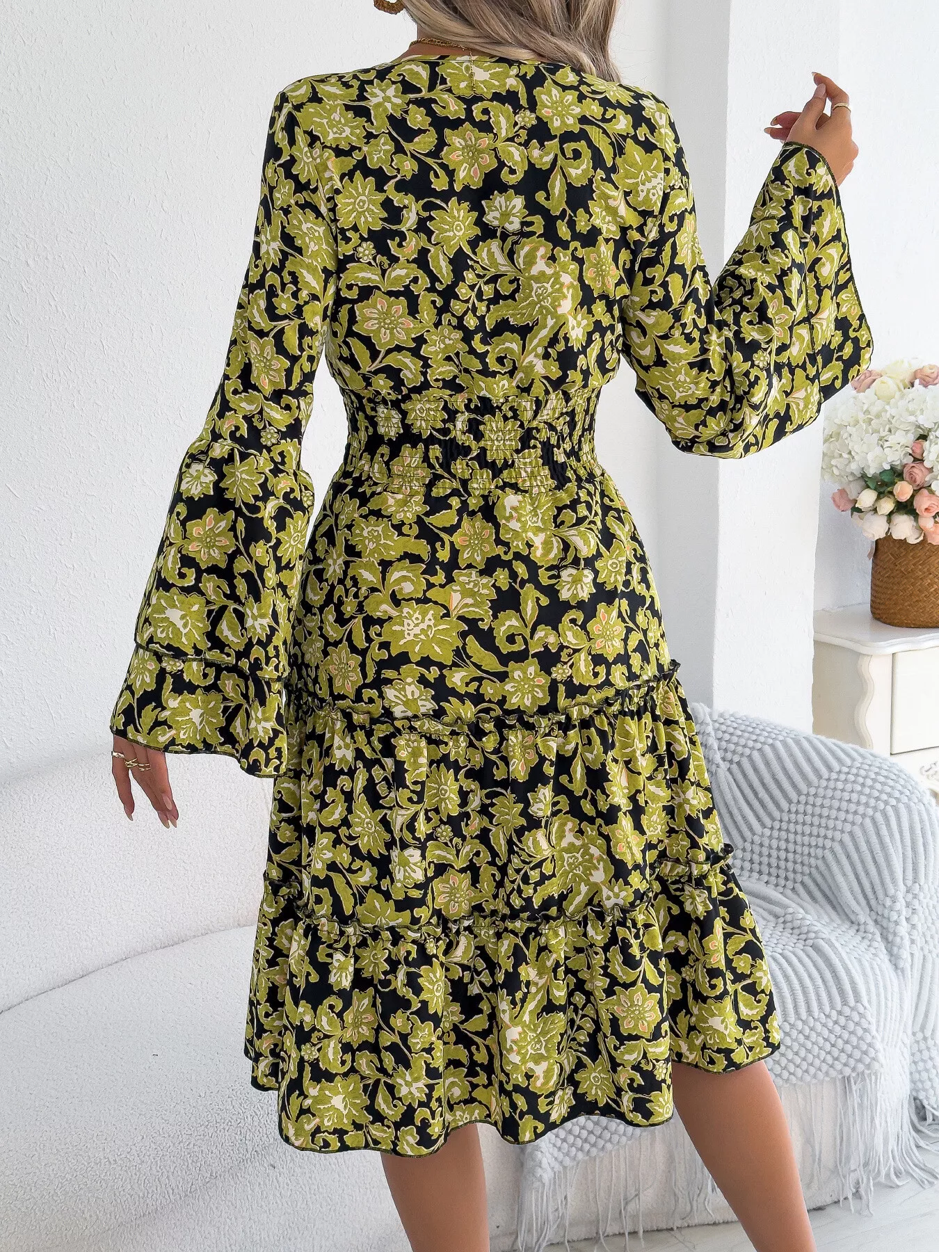 Floral Print Smocked Ruffle Hem Flared Sleeve Dress - Image 9