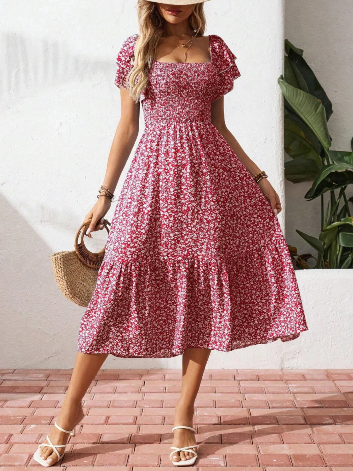 Floral Print Smocked Ruffle Sleeves Dress - Image 23