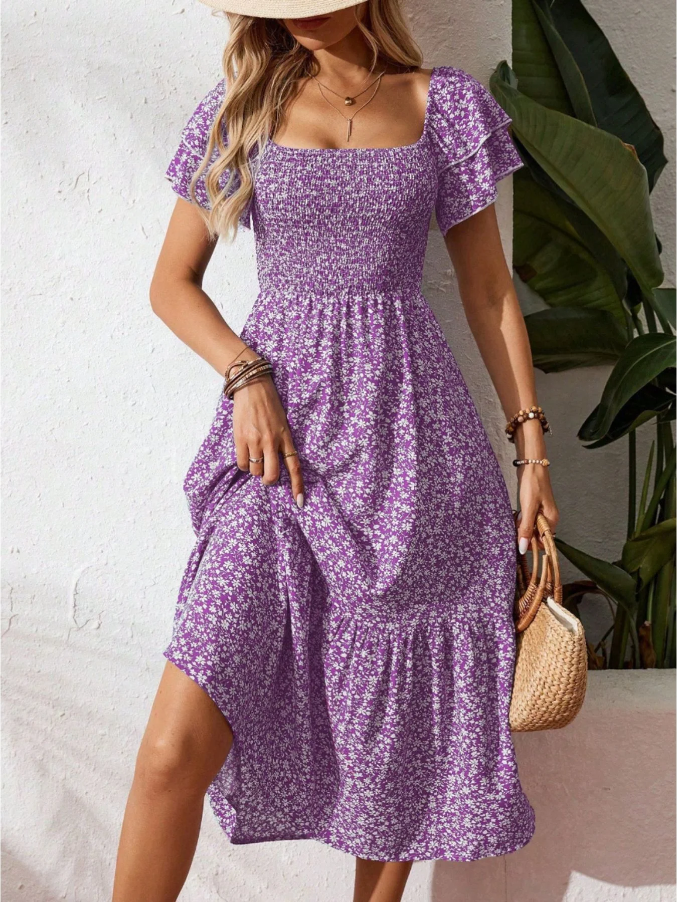 Floral Print Smocked Ruffle Sleeves Dress - Image 6