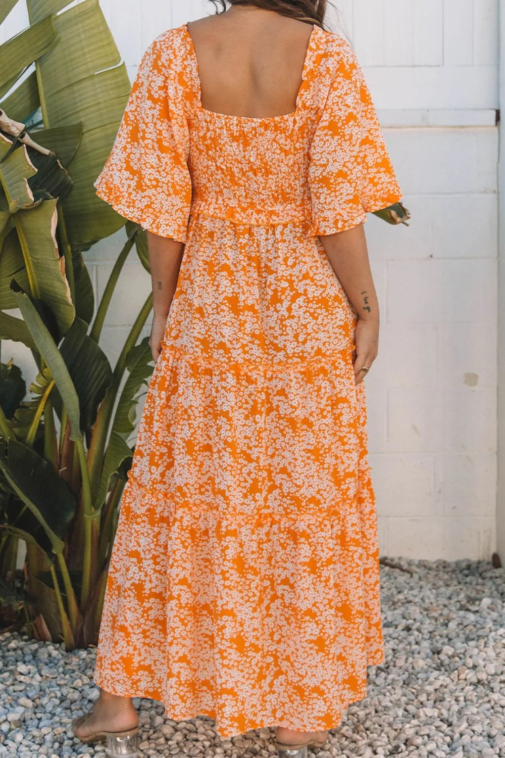 Floral Print Smocked V Neck Wide Sleeve Maxi Dress - Image 4