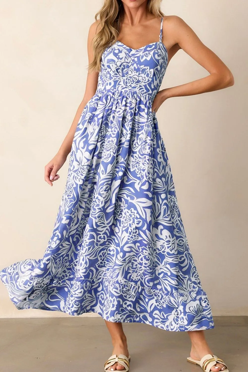 Floral Print Spaghetti Strap High Waist Dress - Image 4